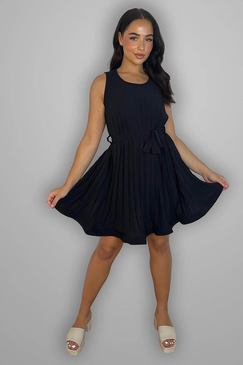 Pleated Chiffon Belted Sleeveless Dress-SinglePrice
