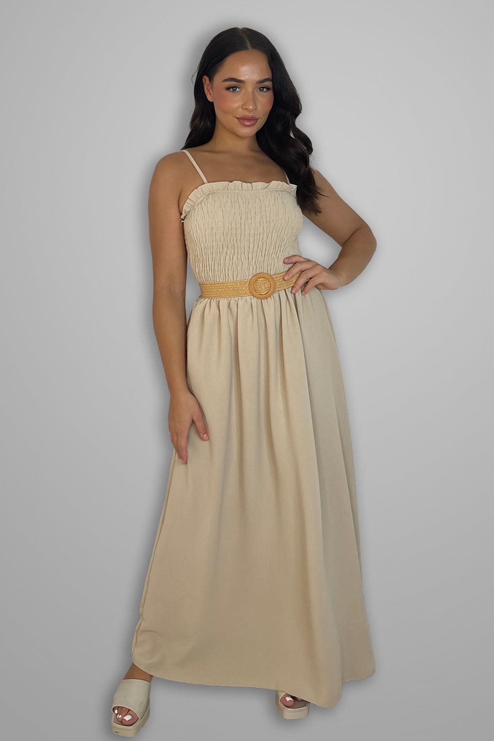 Shirred Top Strappy Belted Maxi Dress-SinglePrice