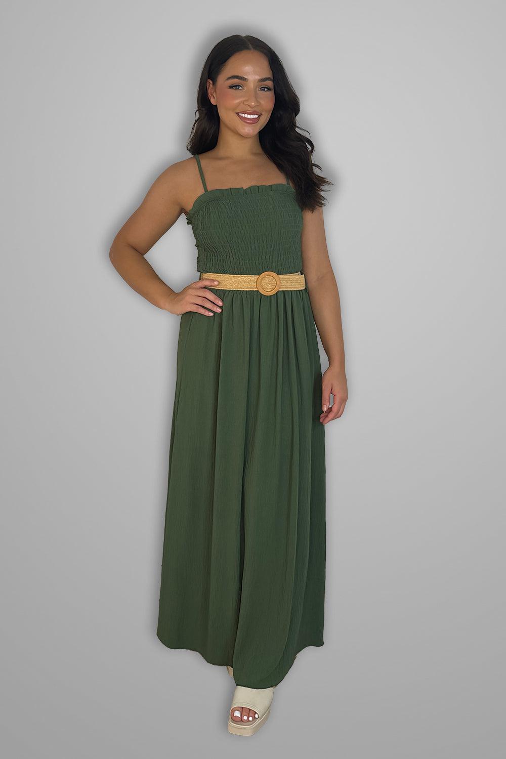 Shirred Top Strappy Belted Maxi Dress