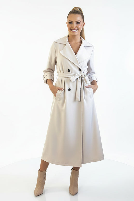 Double Breasted Waist Tie Rolled Sleeves Trench Coat-SinglePrice