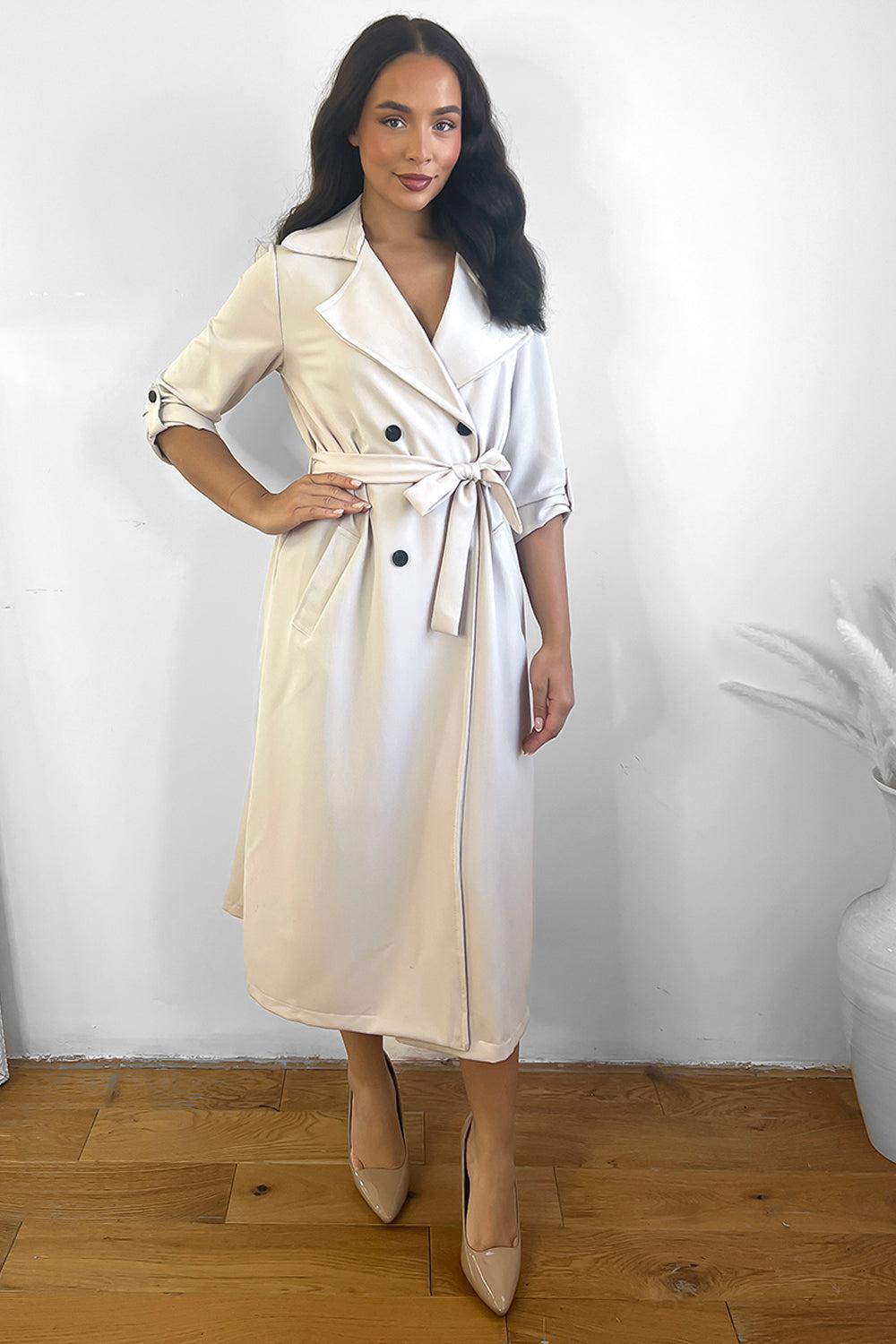 Double Breasted Waist Tie Rolled Sleeves Trench Coat-SinglePrice
