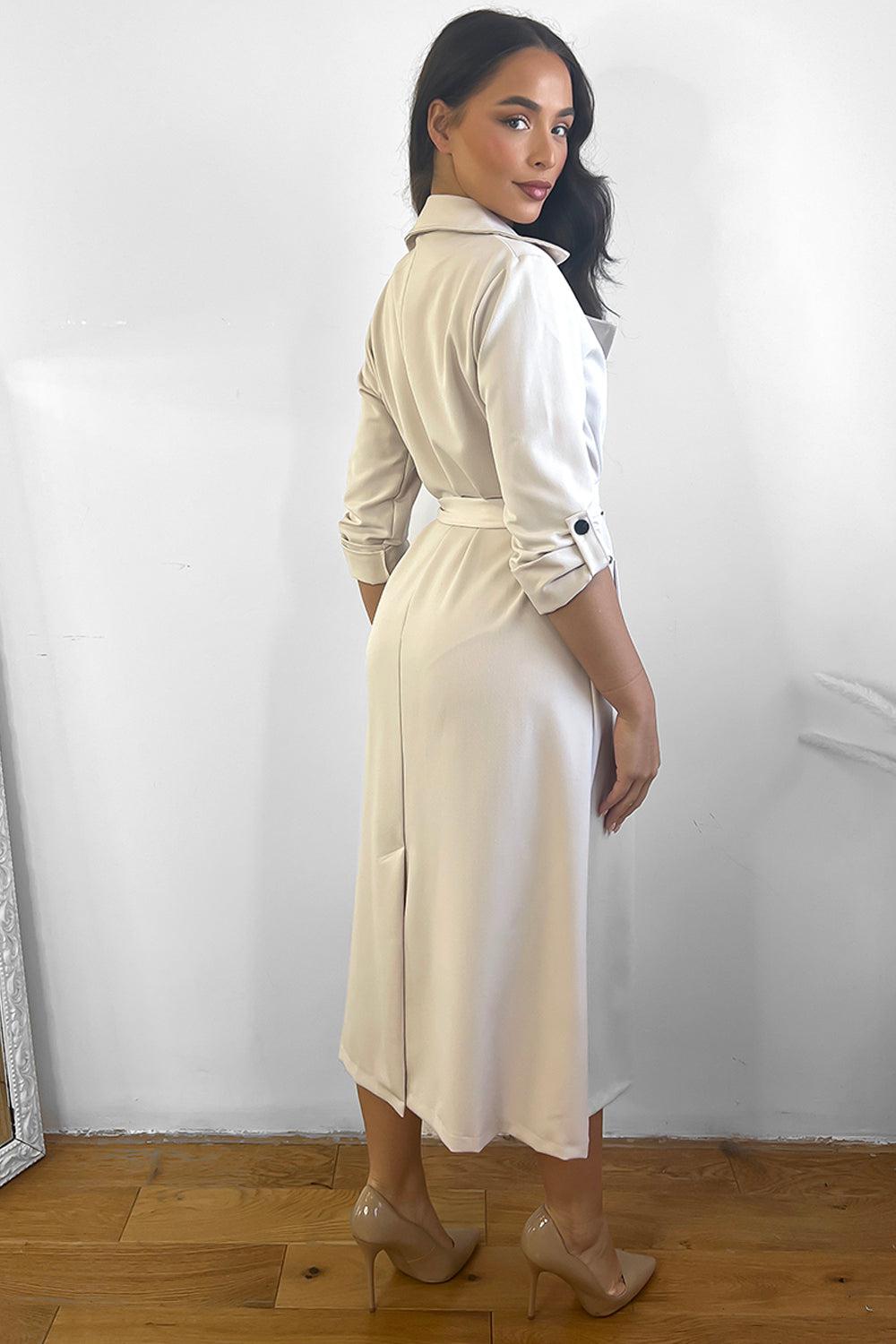 Double Breasted Waist Tie Rolled Sleeves Trench Coat-SinglePrice