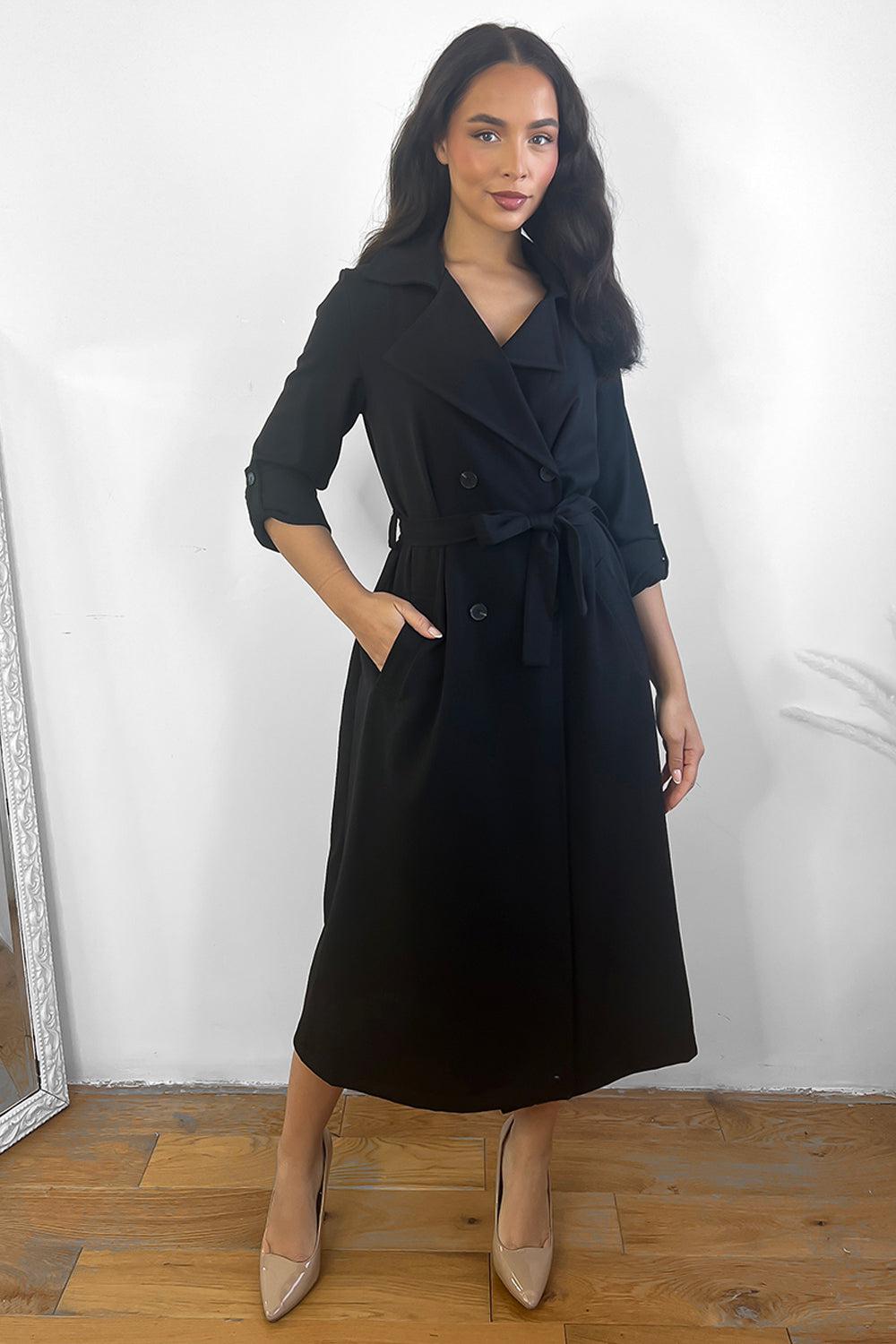 Double Breasted Waist Tie Rolled Sleeves Trench Coat-SinglePrice