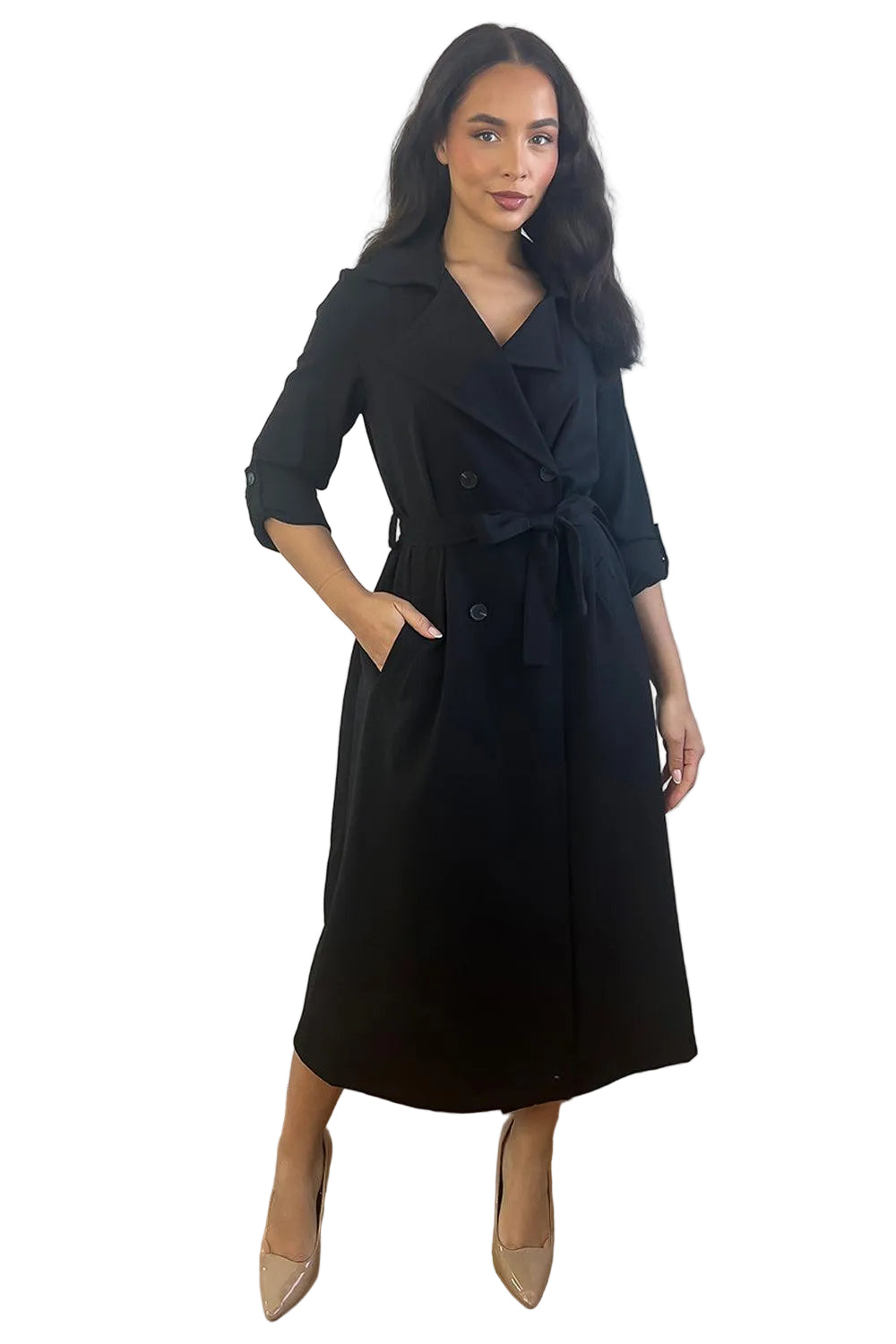 Double Breasted Waist Tie Rolled Sleeves Trench Coat-SinglePrice