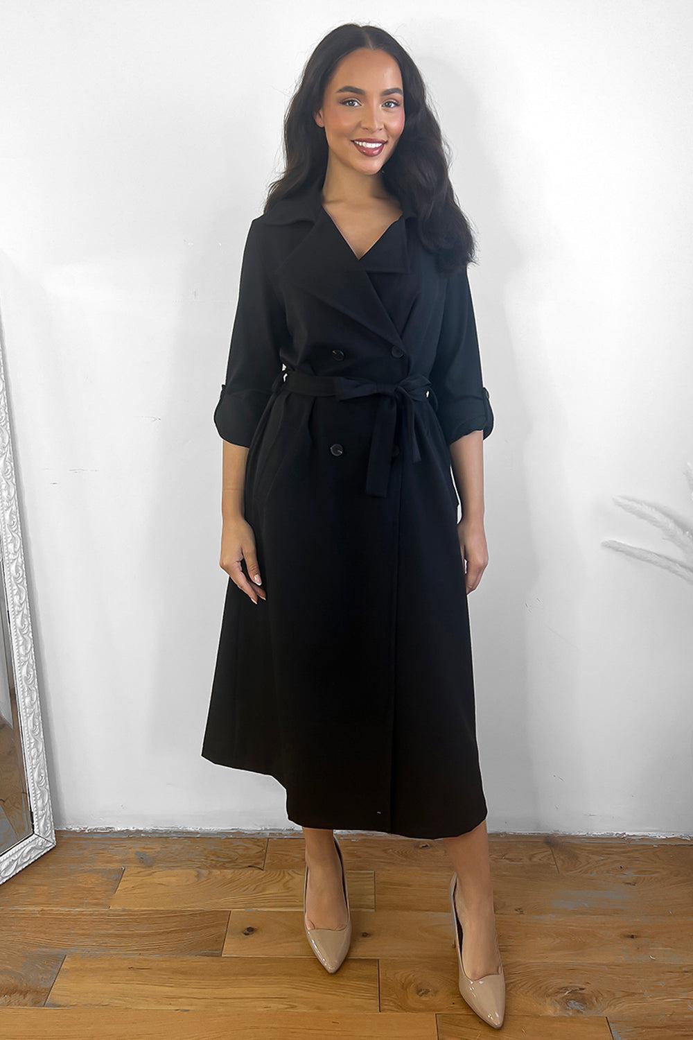 Double Breasted Waist Tie Rolled Sleeves Trench Coat-SinglePrice