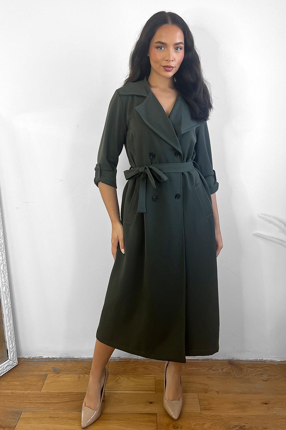 Double Breasted Waist Tie Rolled Sleeves Trench Coat-SinglePrice