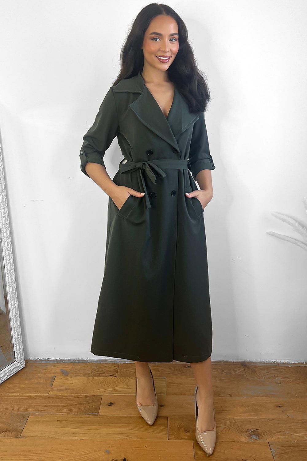 Double Breasted Waist Tie Rolled Sleeves Trench Coat-SinglePrice