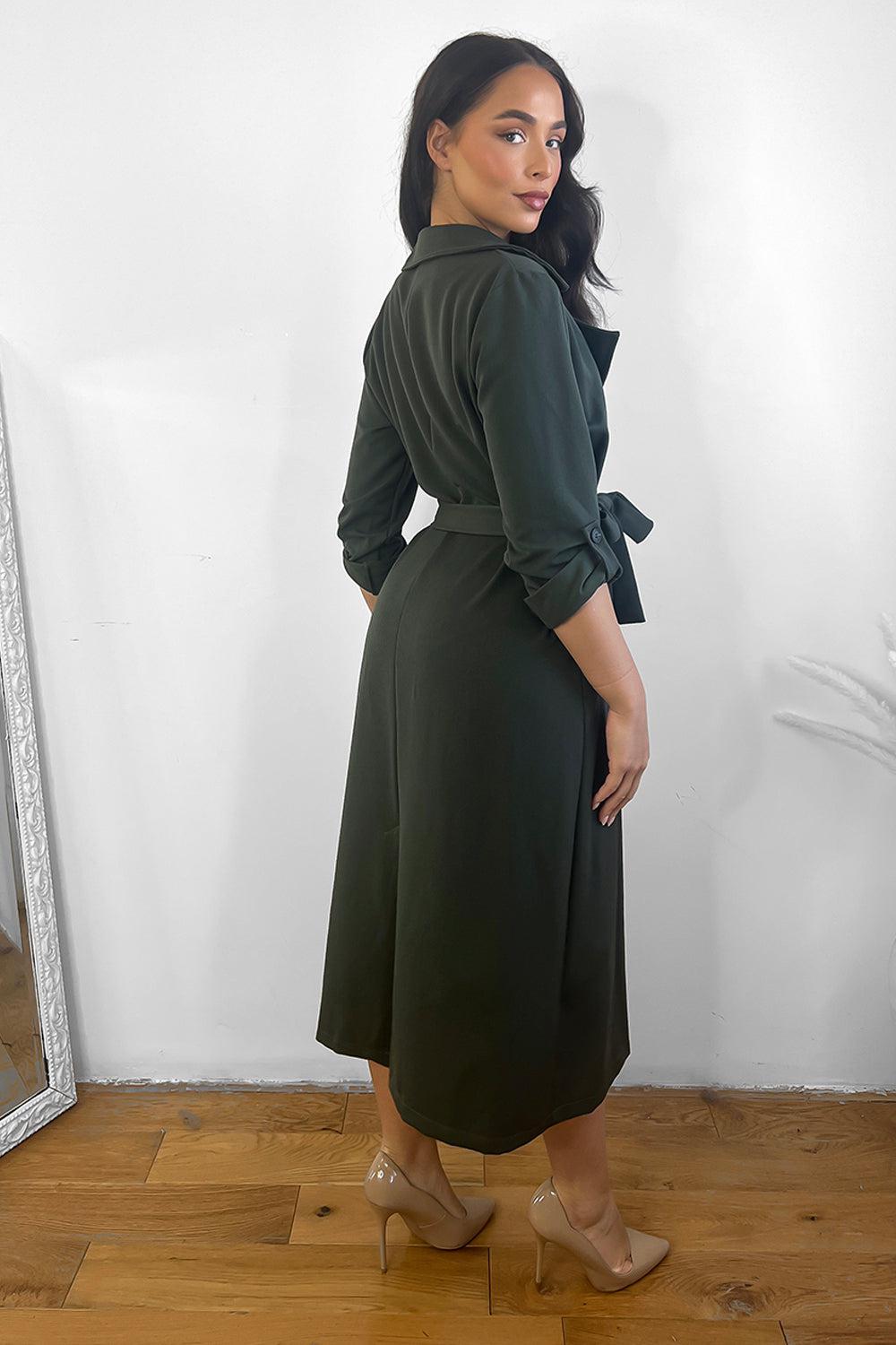 Double Breasted Waist Tie Rolled Sleeves Trench Coat-SinglePrice