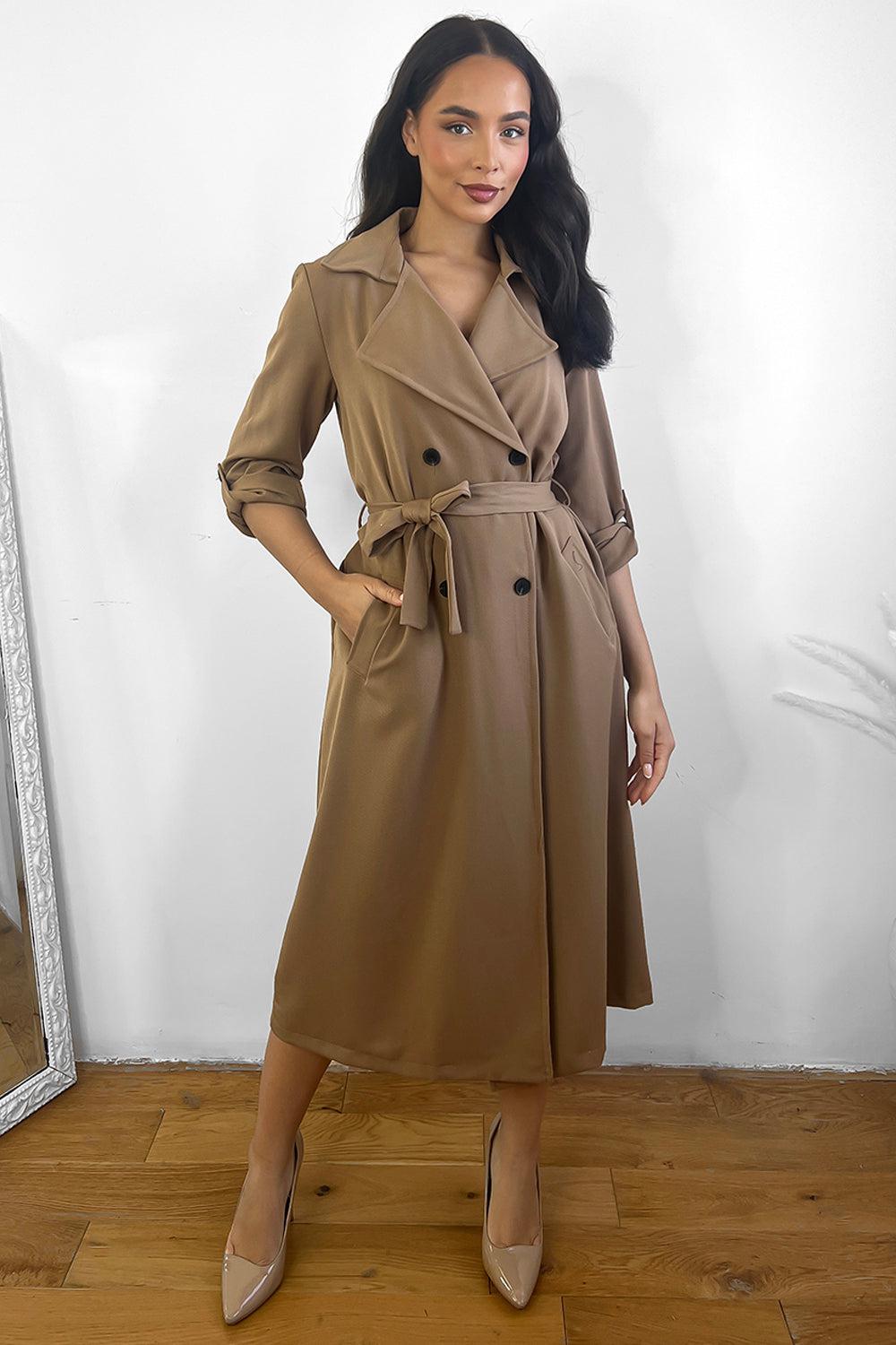 Double Breasted Waist Tie Rolled Sleeves Trench Coat-SinglePrice