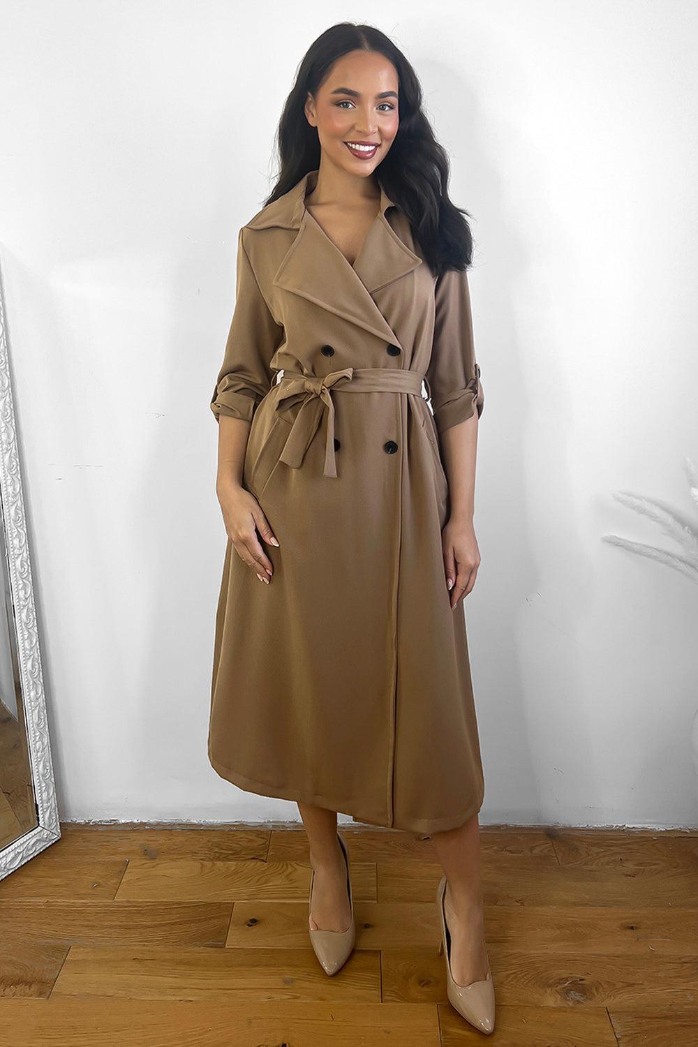 Double Breasted Waist Tie Rolled Sleeves Trench Coat-SinglePrice
