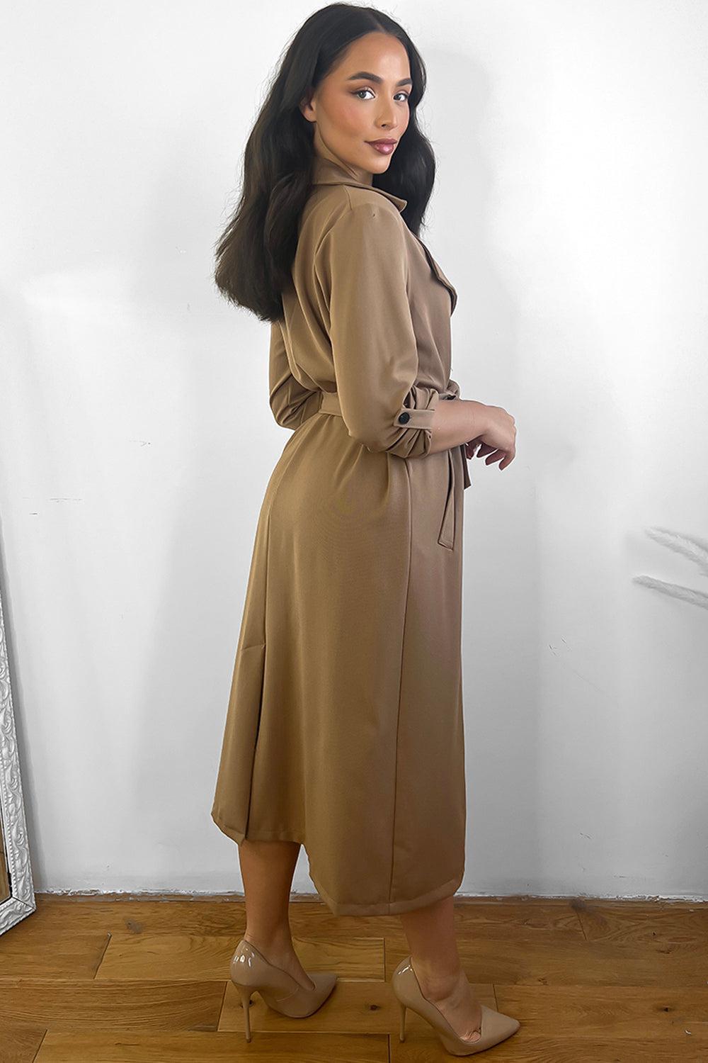 Double Breasted Waist Tie Rolled Sleeves Trench Coat-SinglePrice