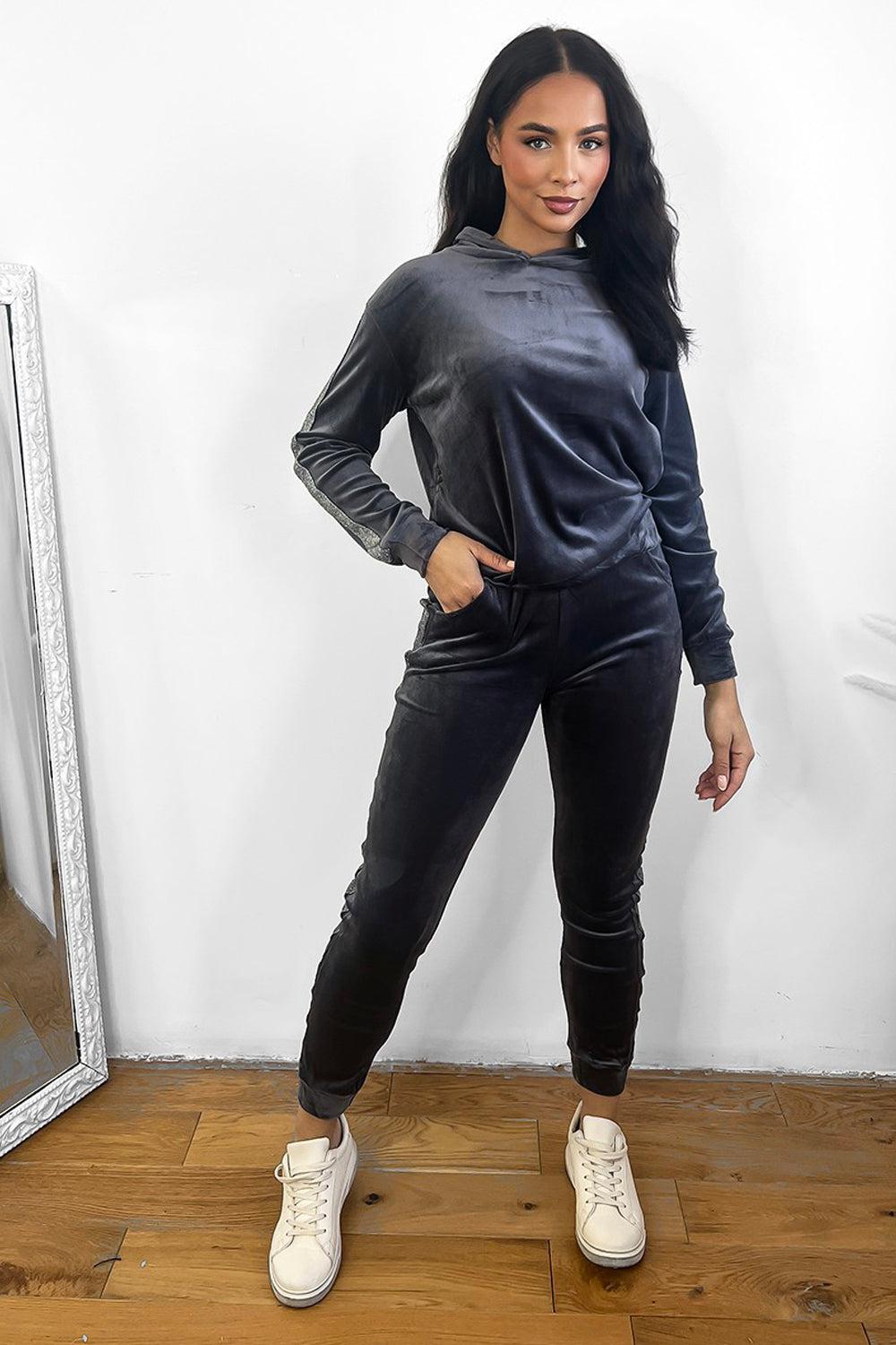 Shimmer Side Stripe Plush Velour Tracksuit-SinglePrice