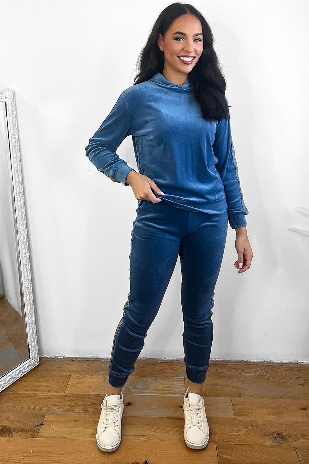 Shimmer Side Stripe Plush Velour Tracksuit-SinglePrice
