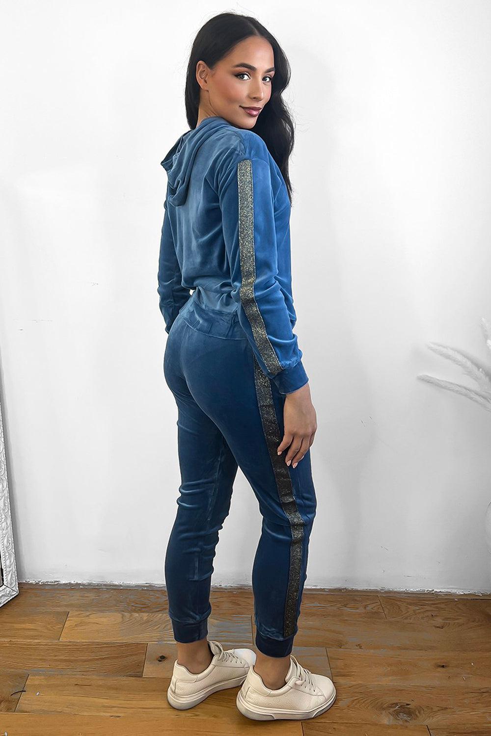 Shimmer Side Stripe Plush Velour Tracksuit-SinglePrice