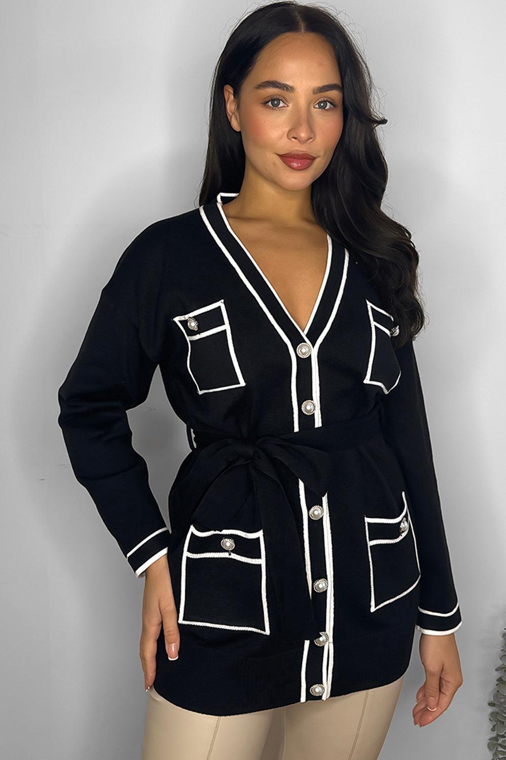 Contrast Details Belted Cardigan-SinglePrice