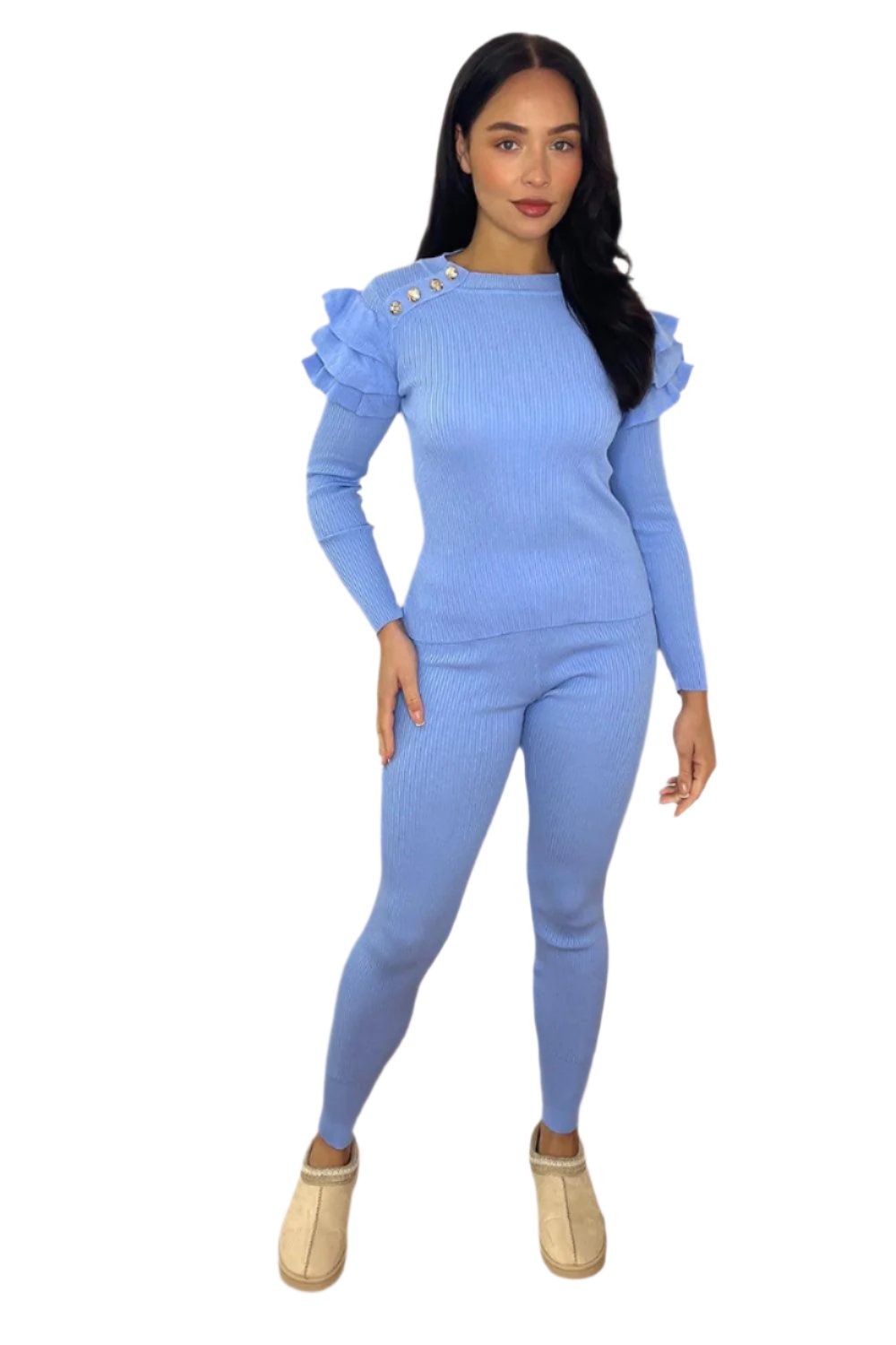Frilled Sleeve Button Details To Shoulder Set-SinglePrice