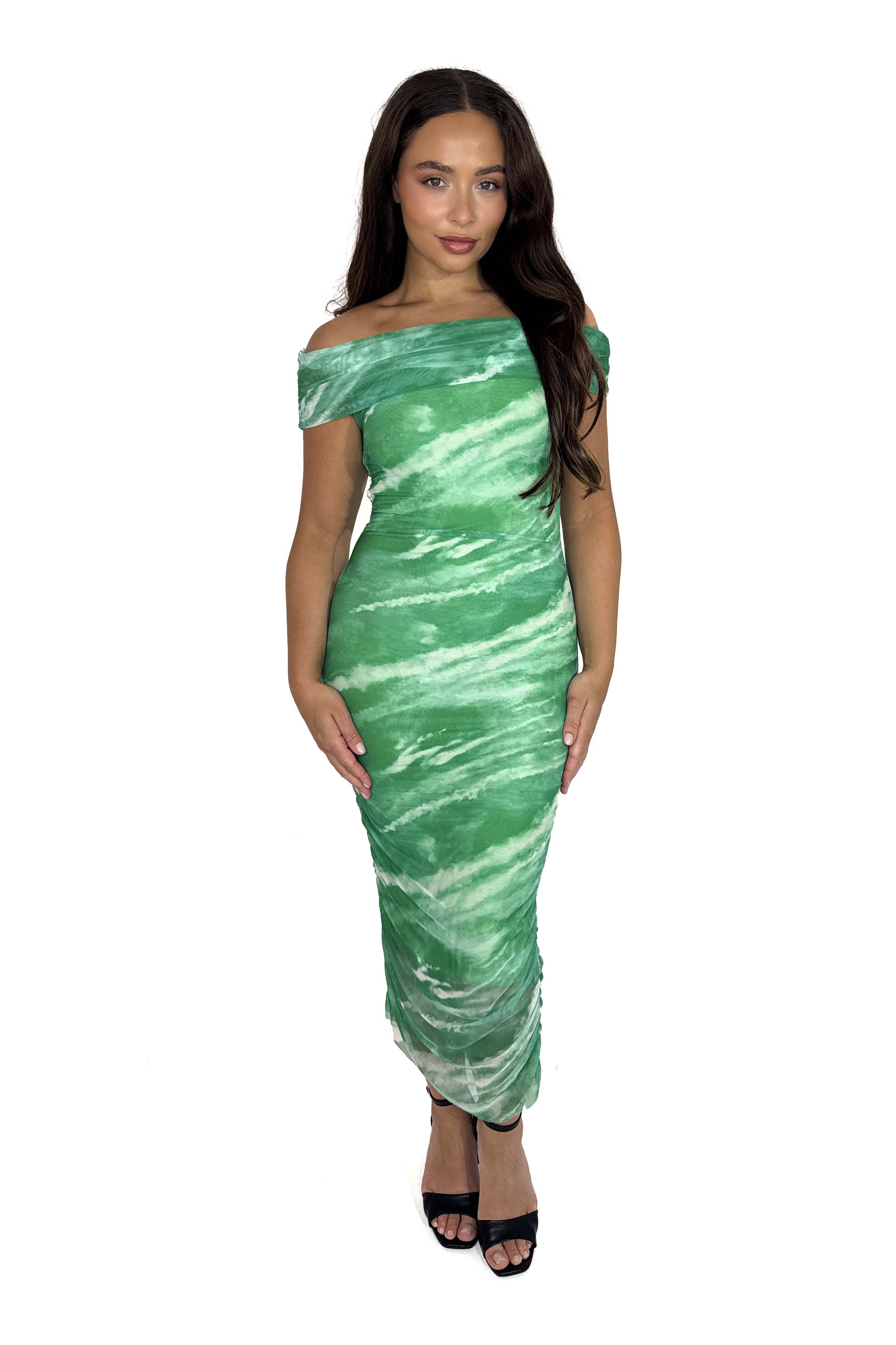 Wholesale Women's Off Shoulder Ruched Tie Dye Mesh Midaxi Dress (PACK OF 6)