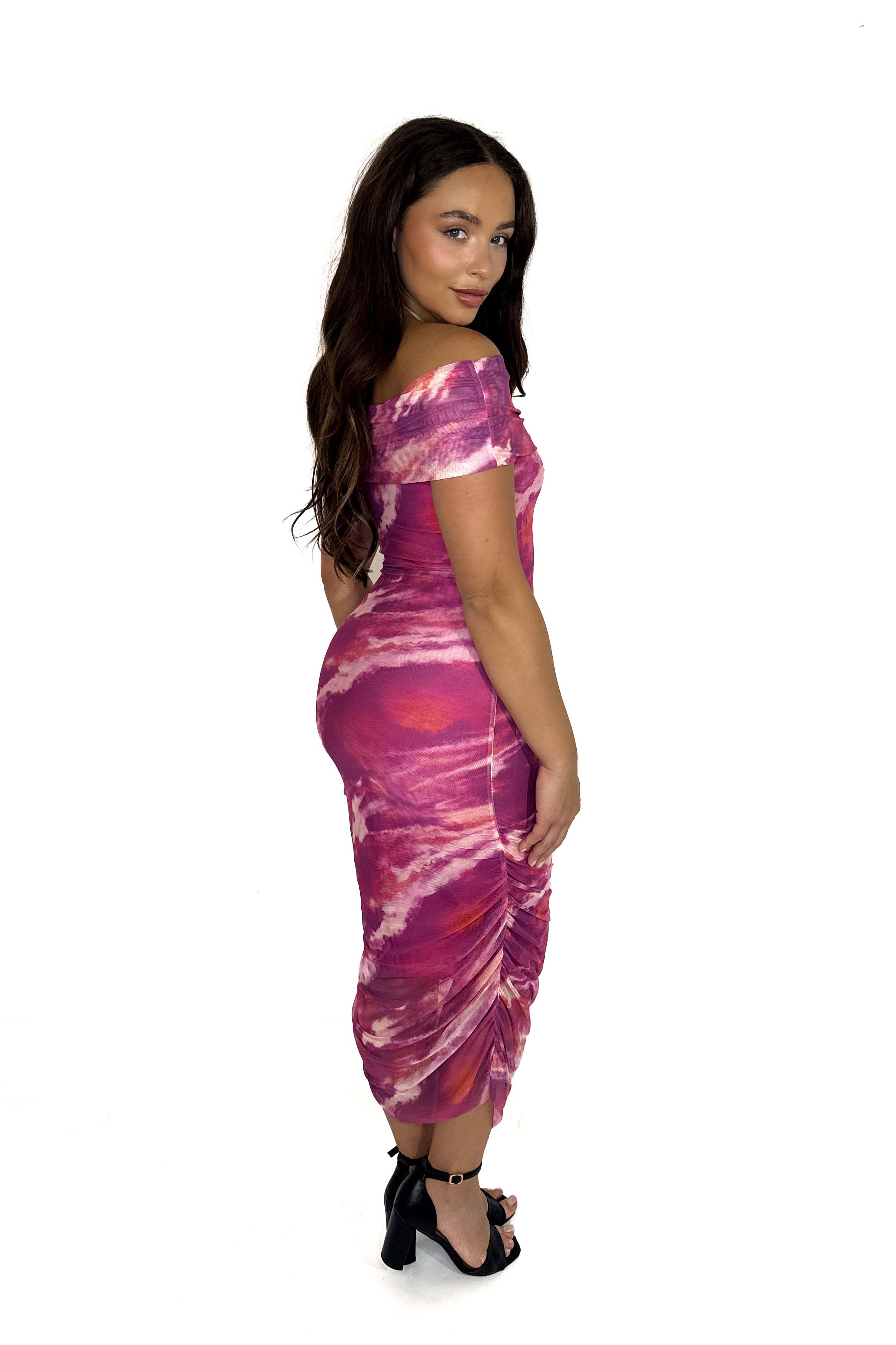 Wholesale Women's Off Shoulder Ruched Tie Dye Mesh Midaxi Dress (PACK OF 6)