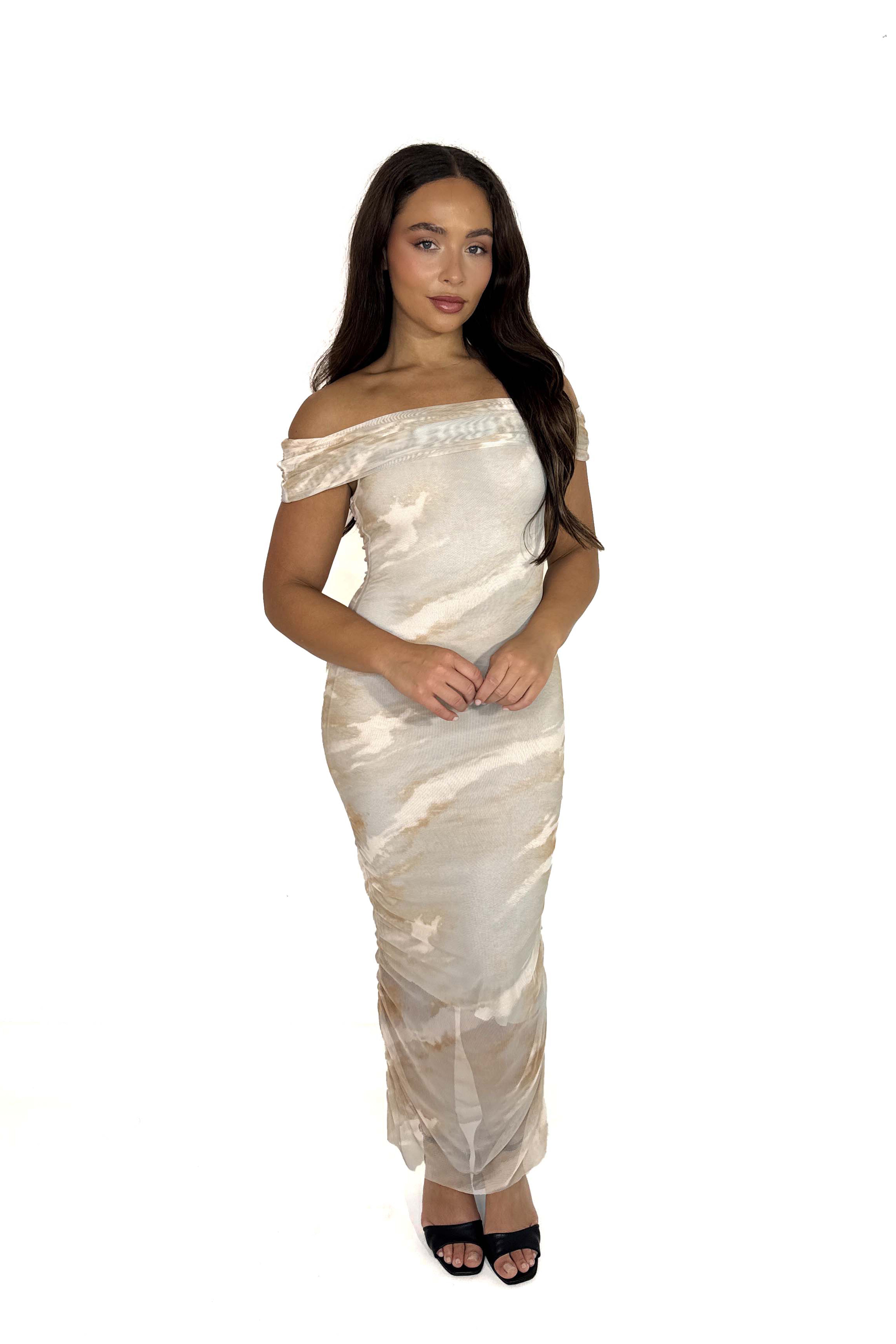 Wholesale Women's Off Shoulder Ruched Tie Dye Mesh Midaxi Dress (PACK OF 6)