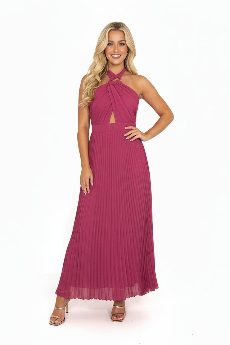 Halter Neck Plisse Chiffon Maxi Dress