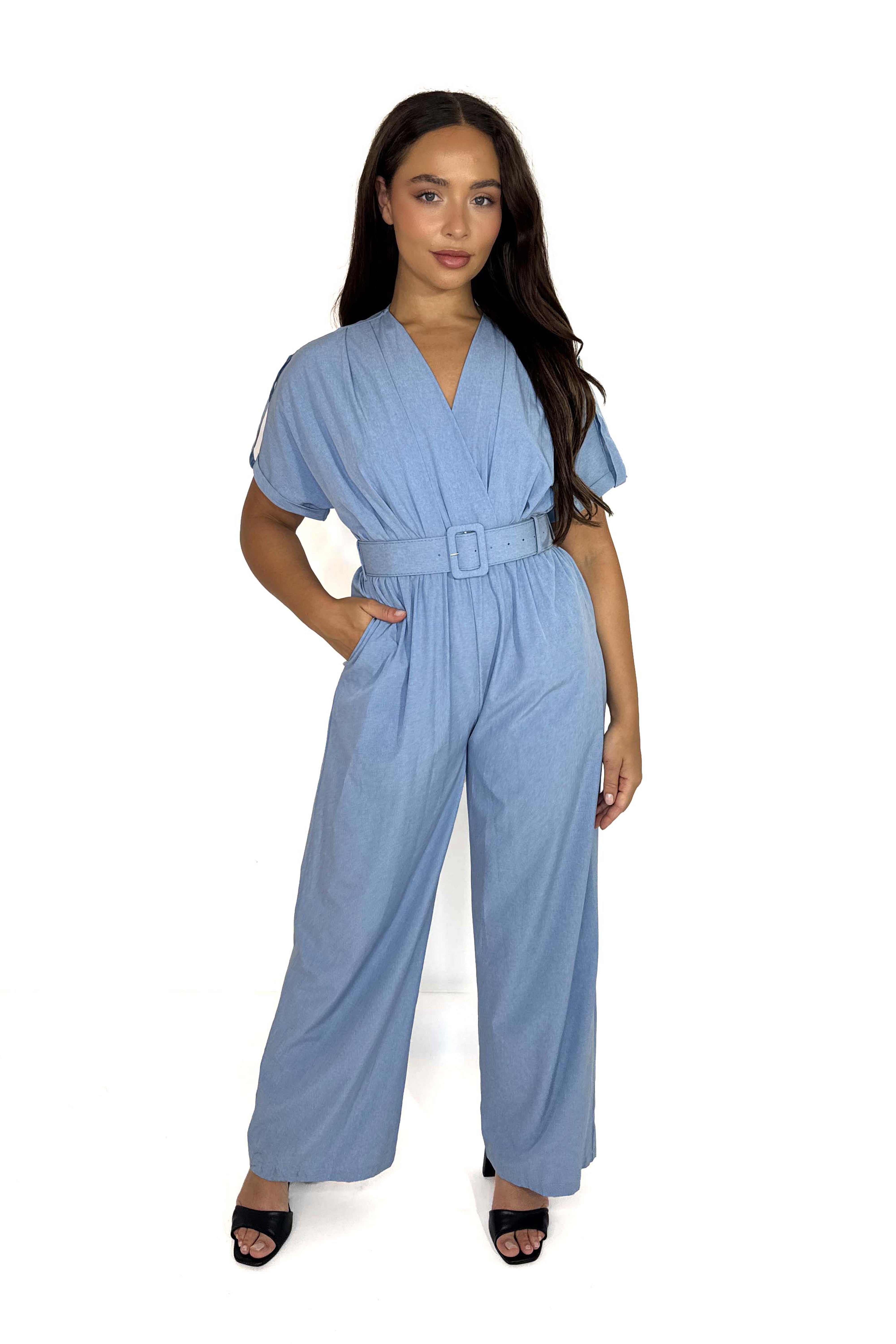 Low Cut Neck Belted Straight Leg Jumpsuit