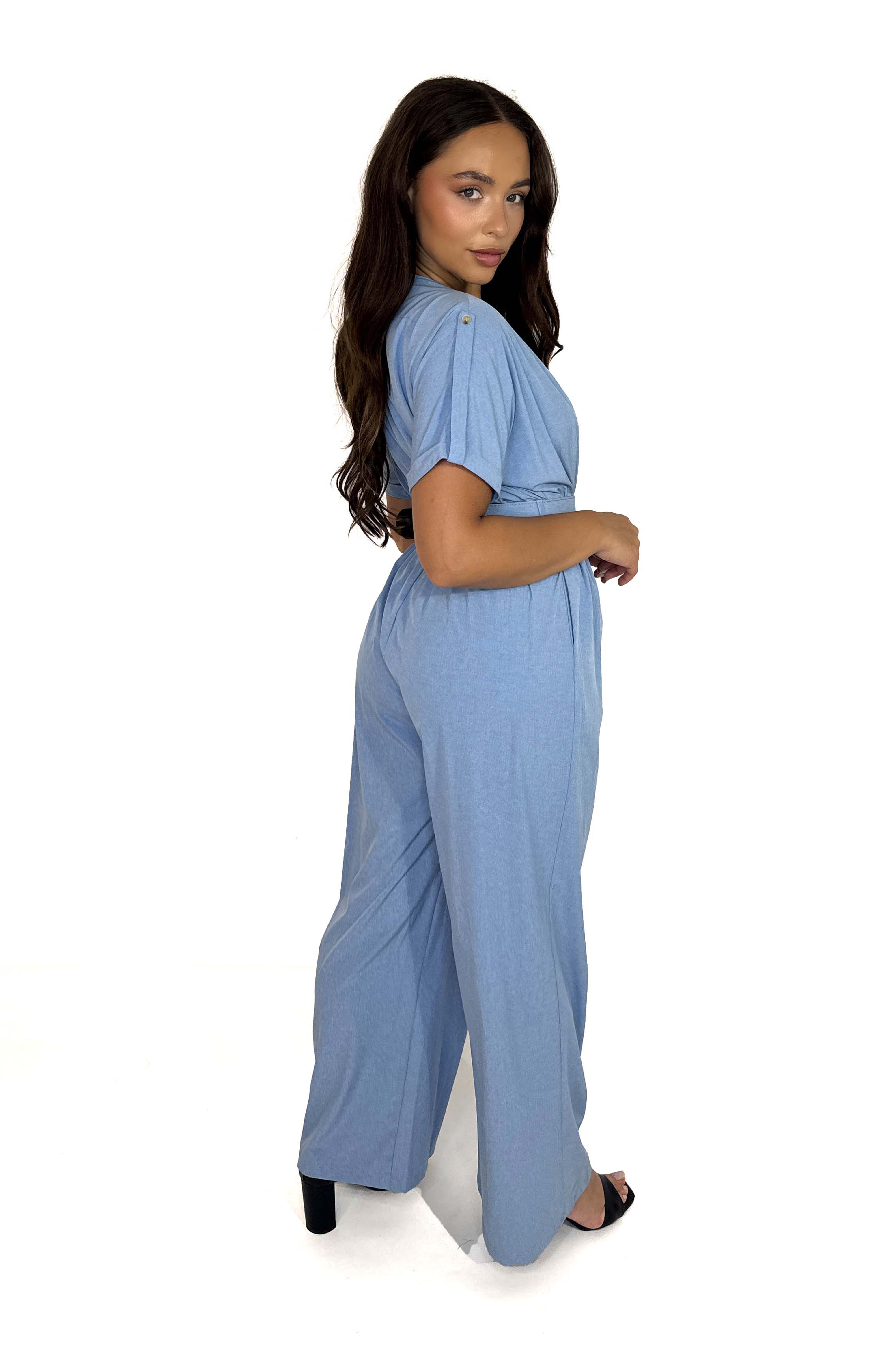Low Cut Neck Belted Straight Leg Jumpsuit