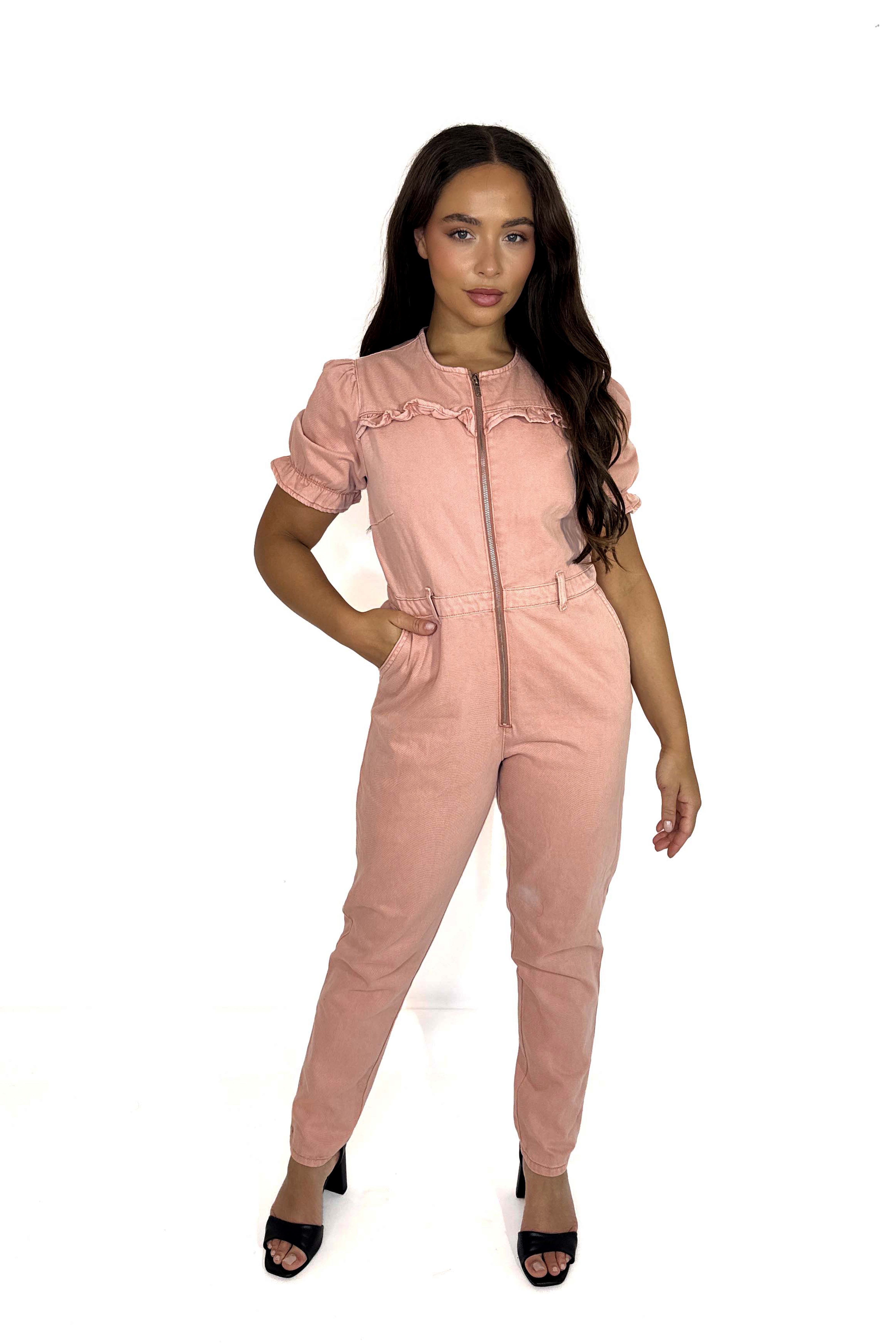 Puff Sleeve Tapered Leg Zip Denim Jumpsuit