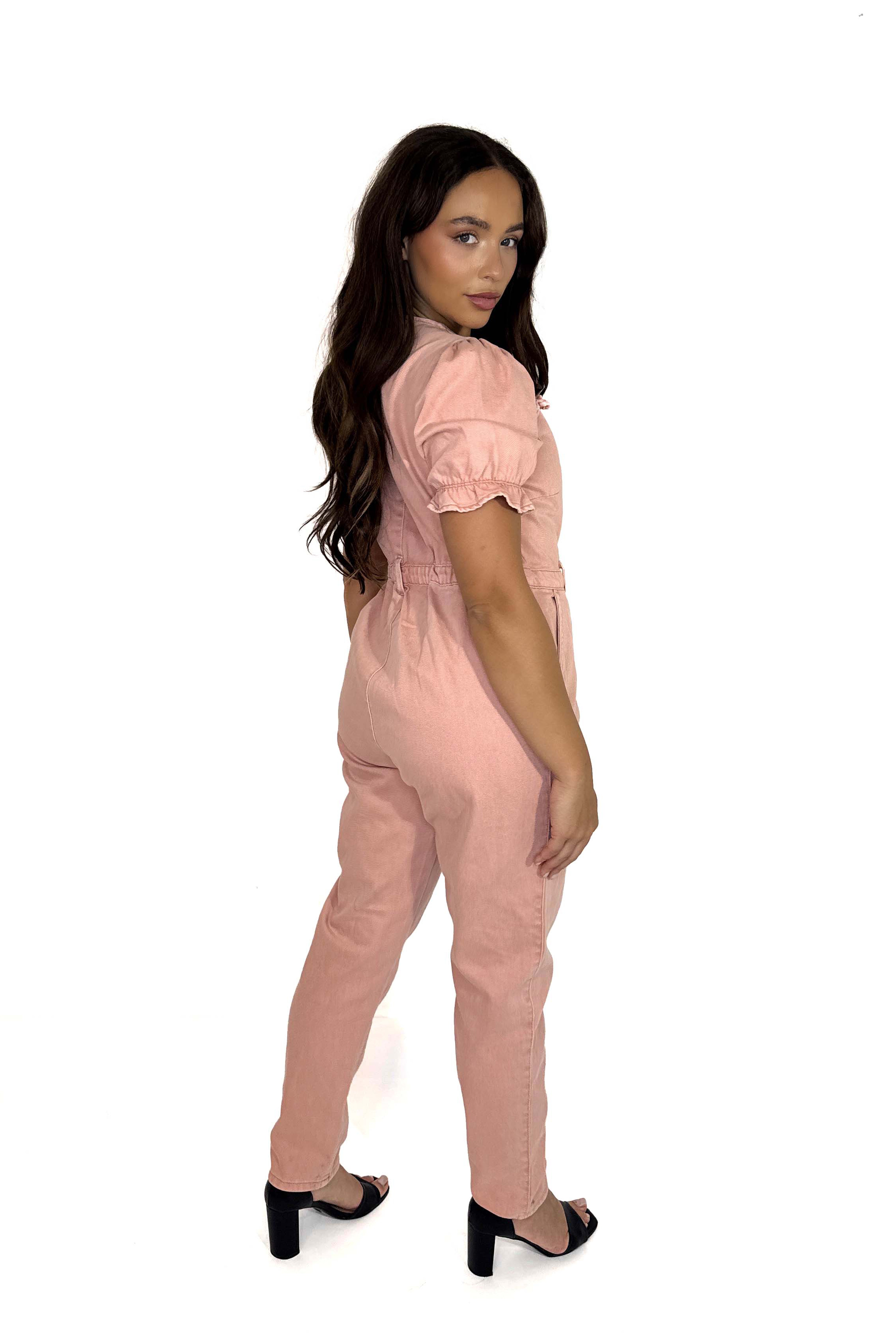 Puff Sleeve Tapered Leg Zip Denim Jumpsuit