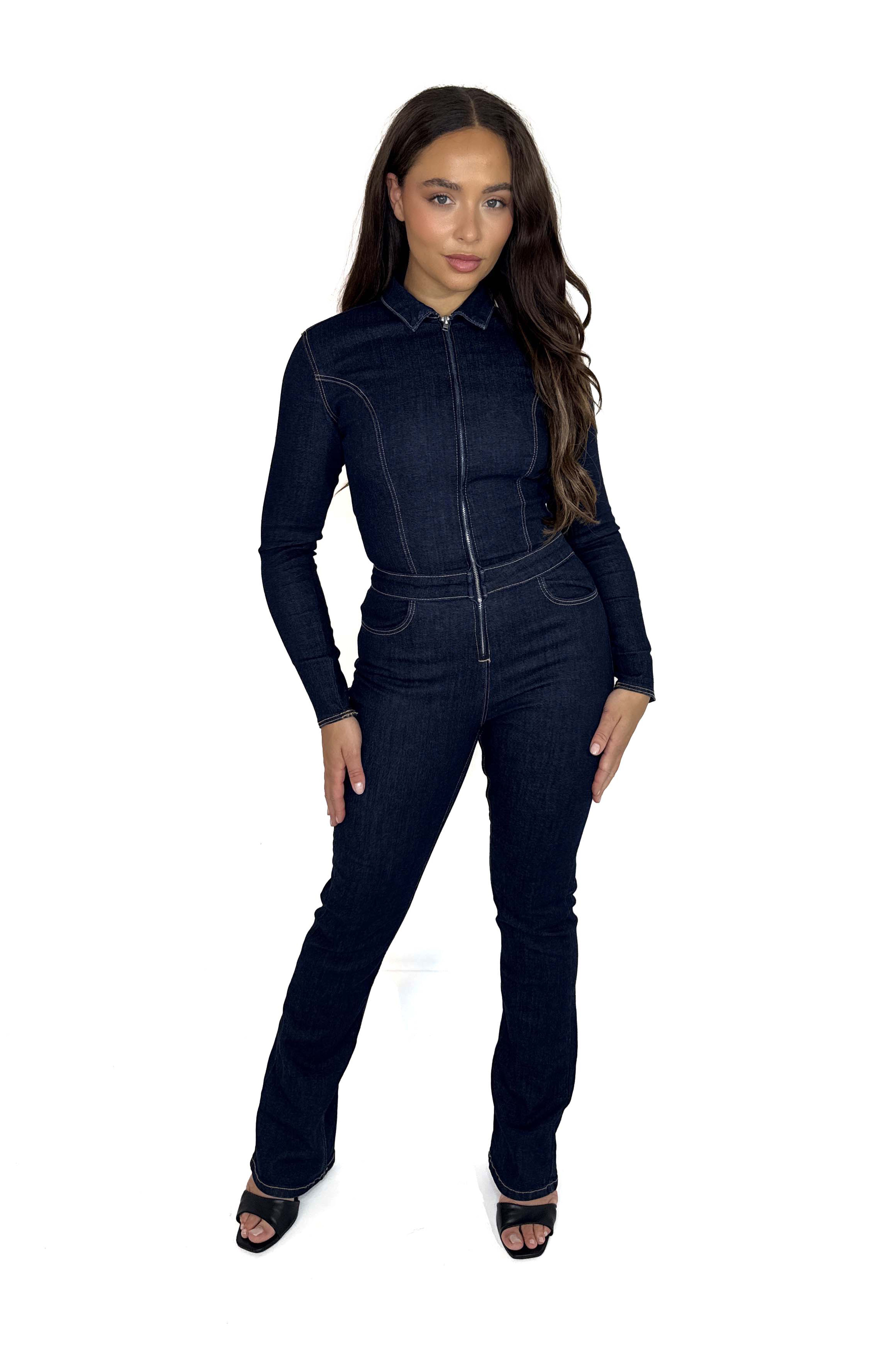 Flare Leg Contrast Stitching Zip Denim Jumpsuit