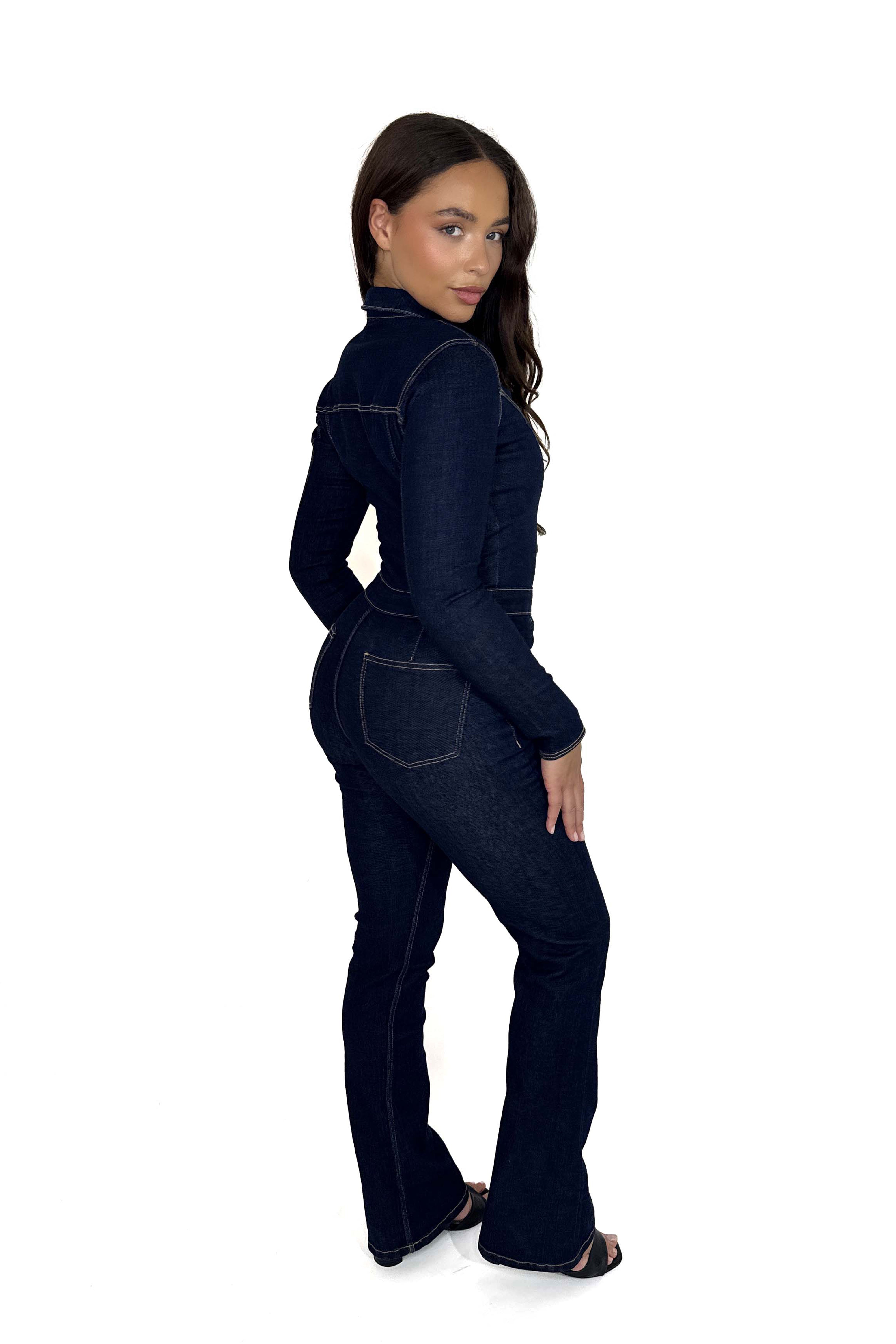 Flare Leg Contrast Stitching Zip Denim Jumpsuit