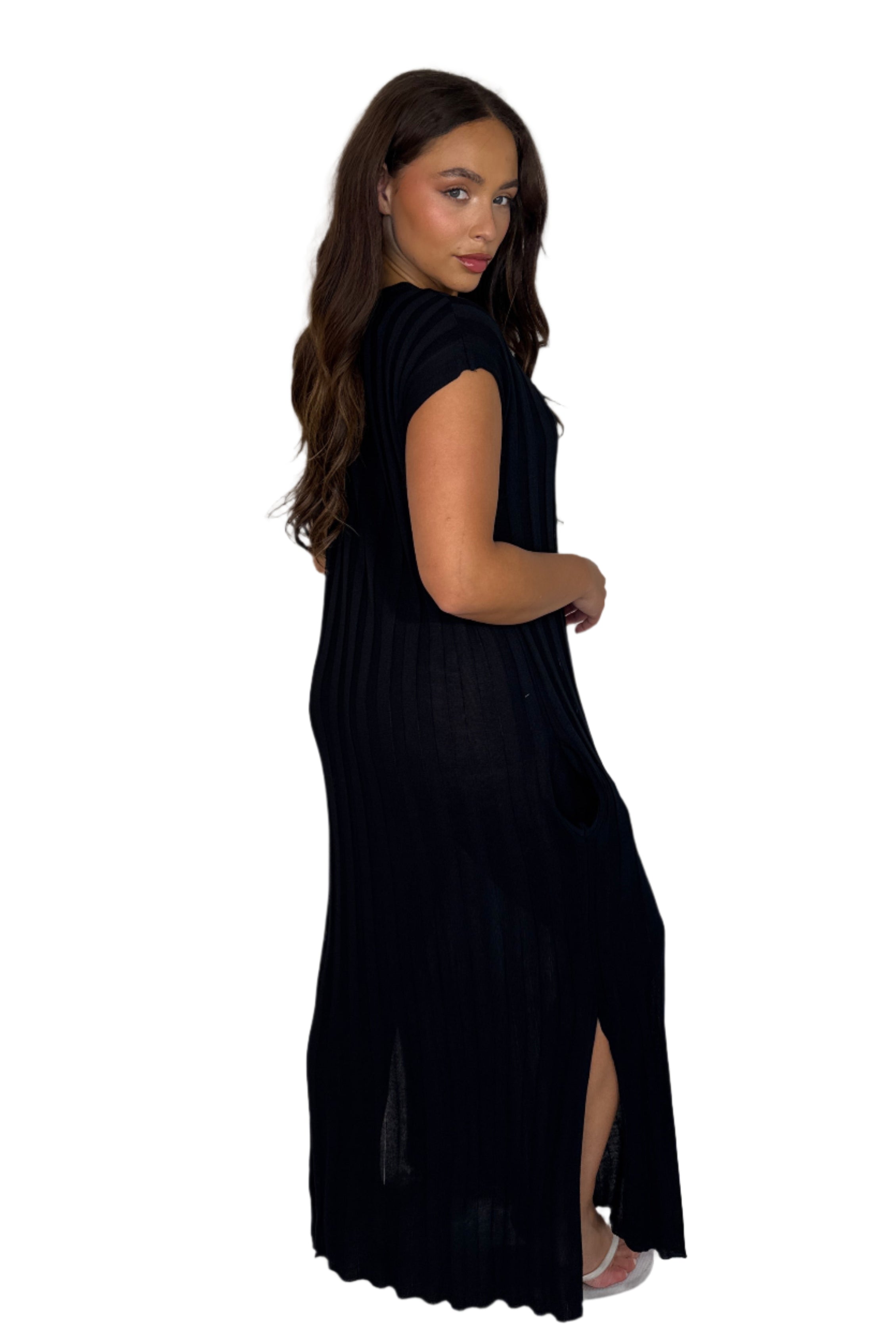 Wholesale Women's Ribbed Viscose Blend Knit Sheer Cover Up Long Dress (PACK OF 6)