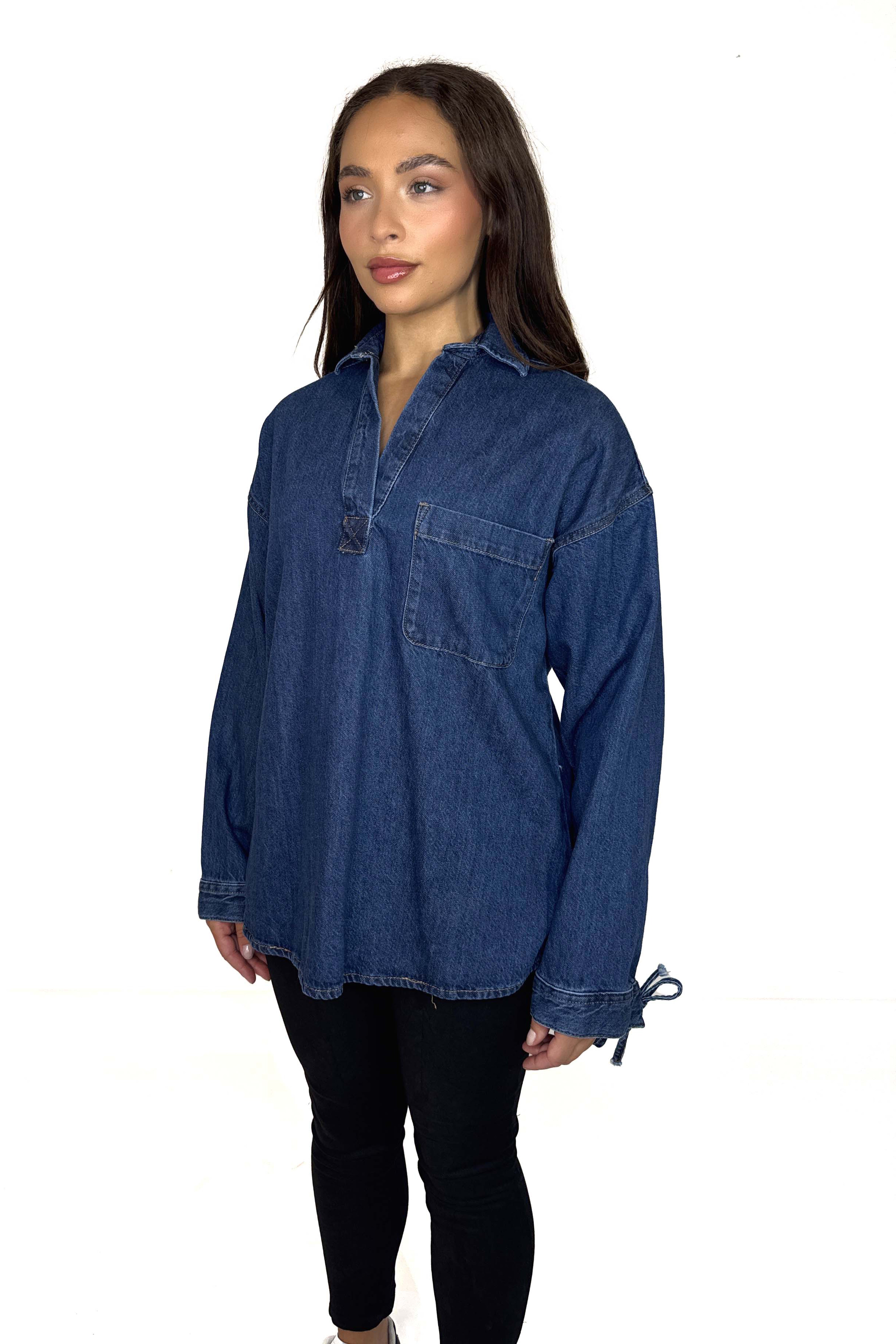 Hi Low Drawstring Denim Top