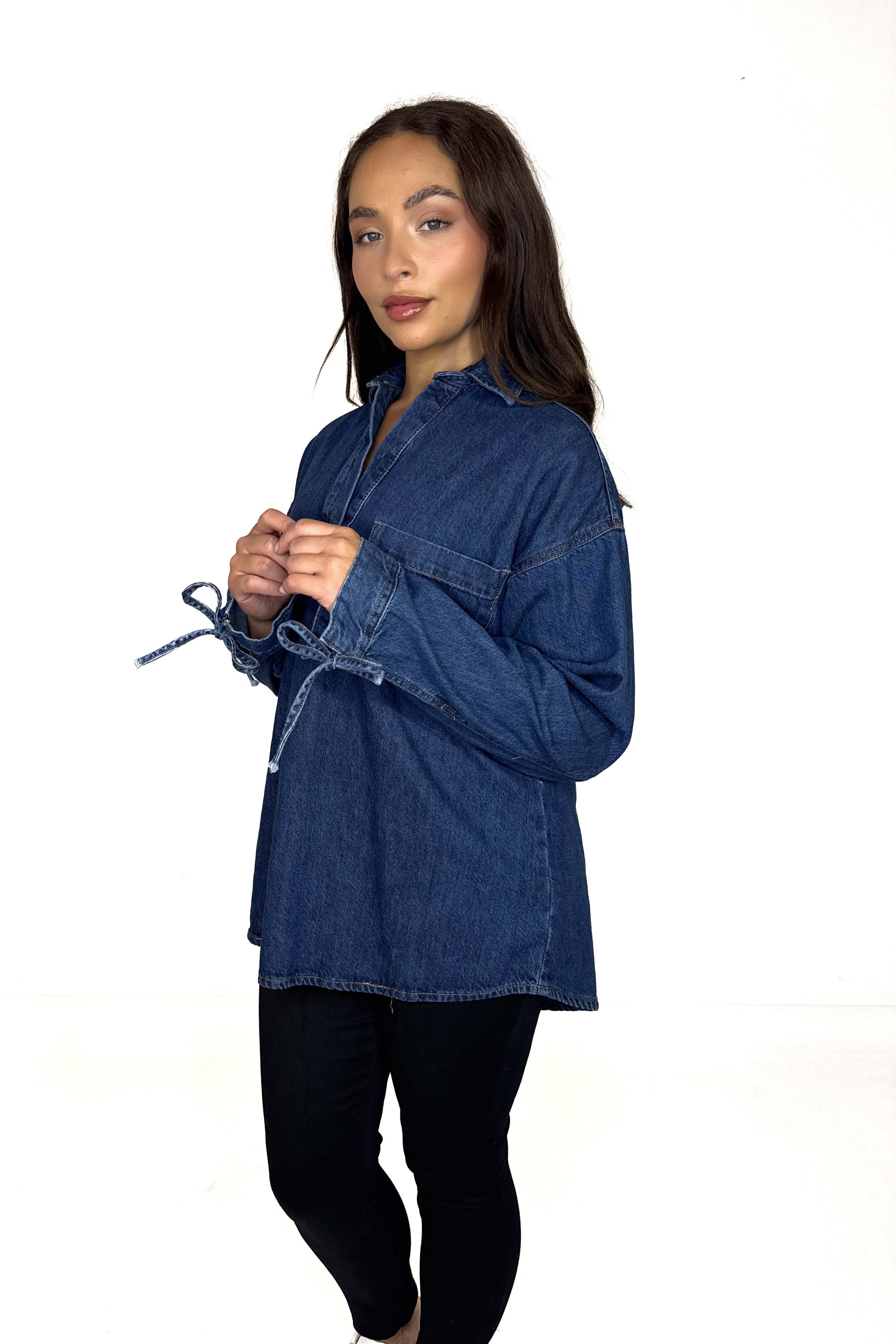 Hi Low Drawstring Denim Top