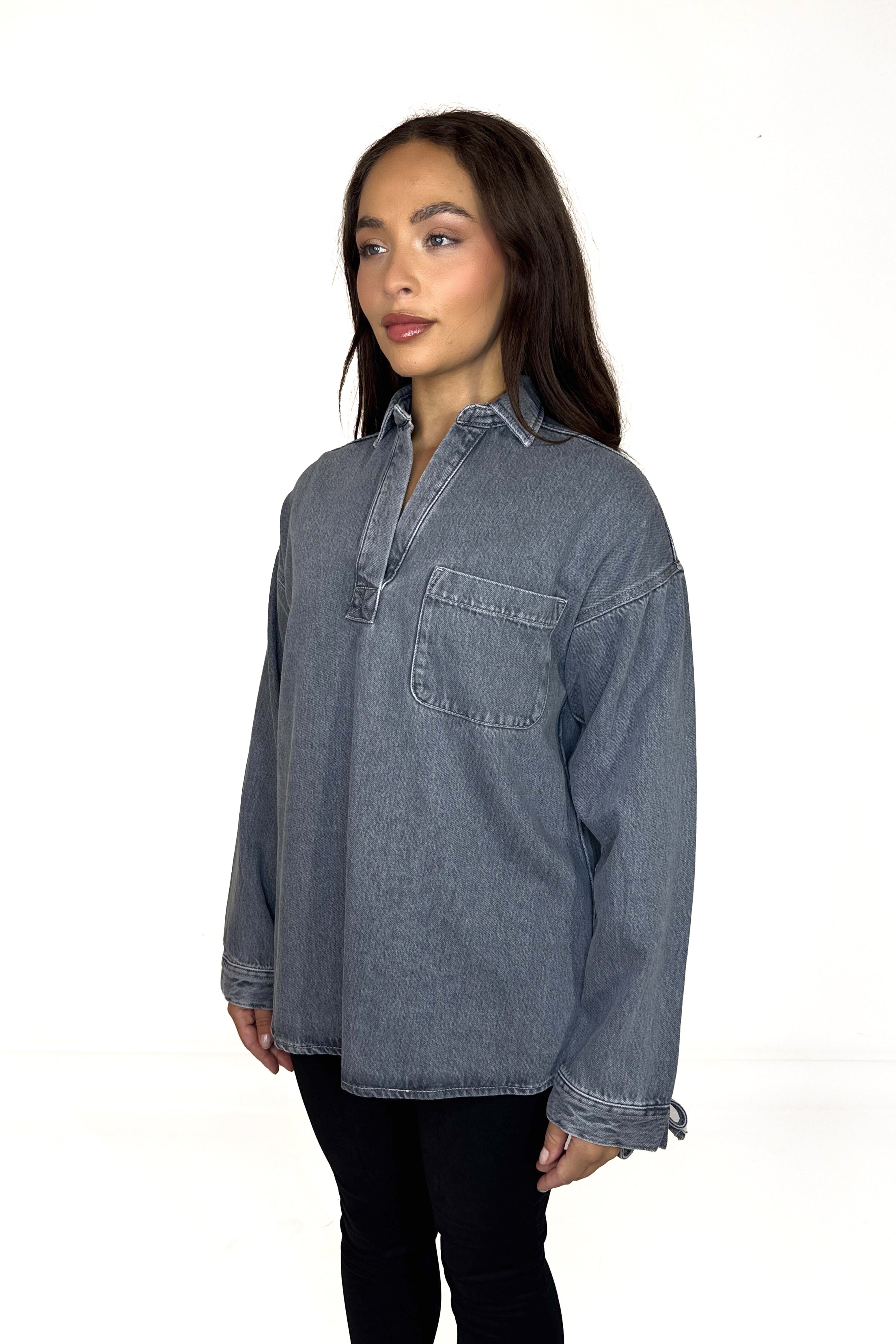 Hi Low Drawstring Denim Top