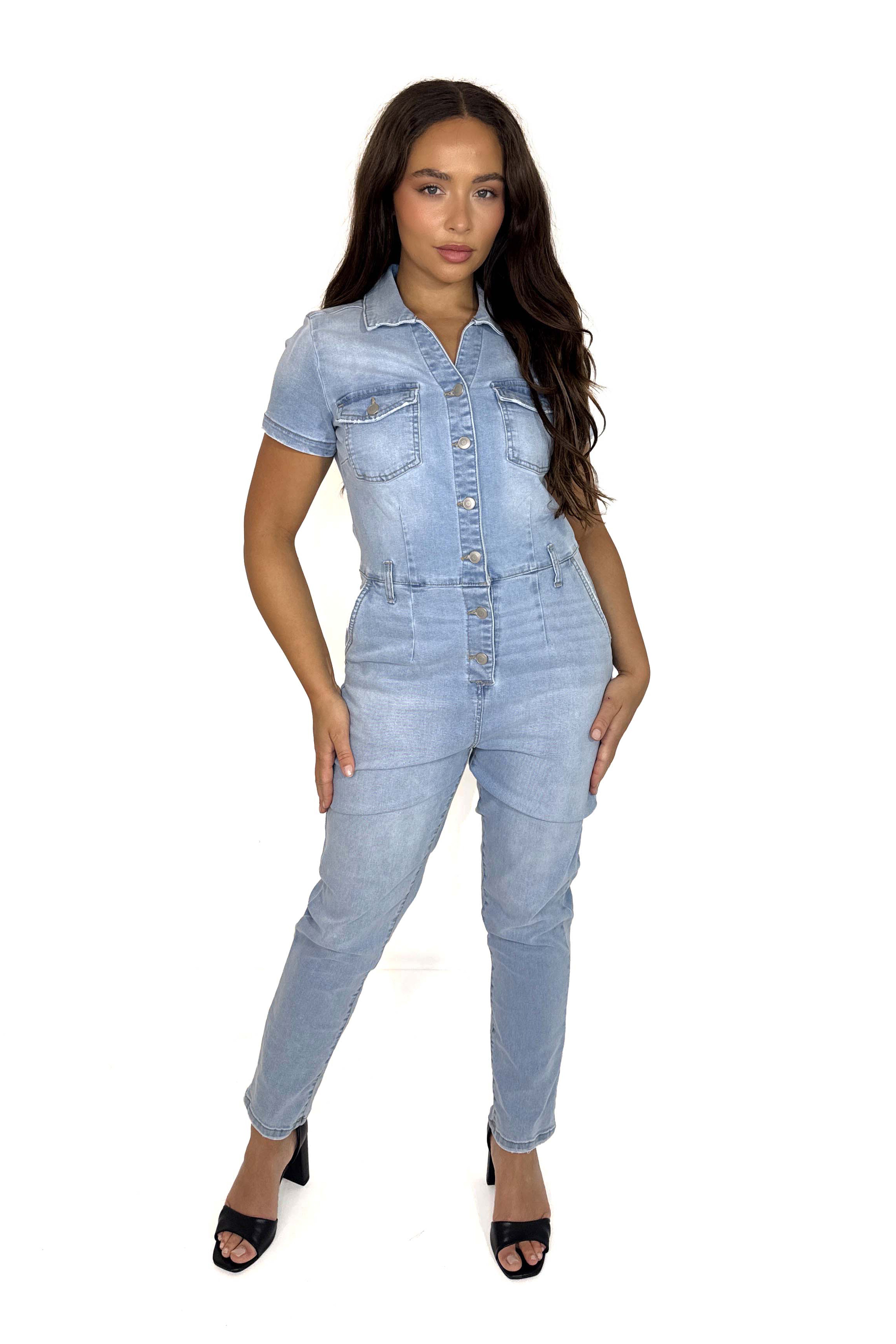 Faded Short Sleeve Button Denim Jumpsuit