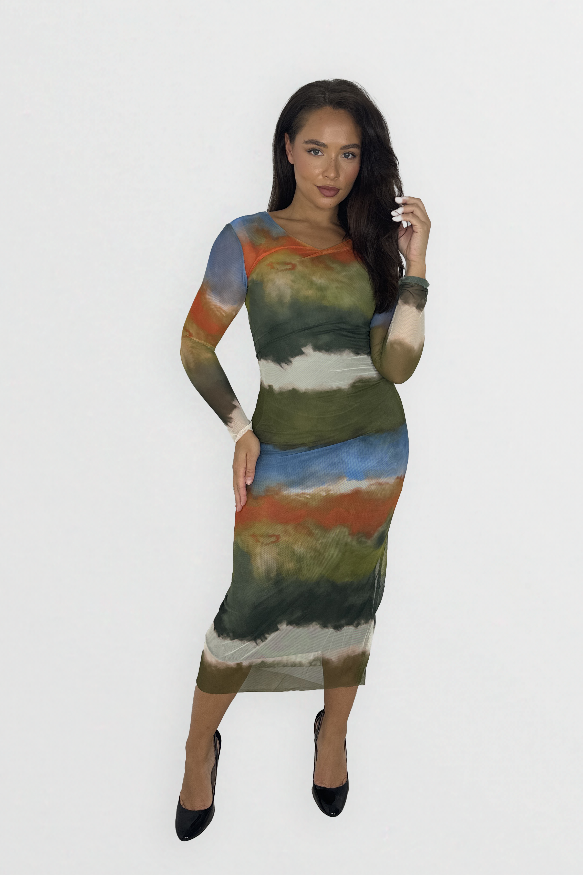 Wholesale Women's Multicolour Tie Dye Long Sleeve Ruched Long Mesh Dress (PACK OF 6)
