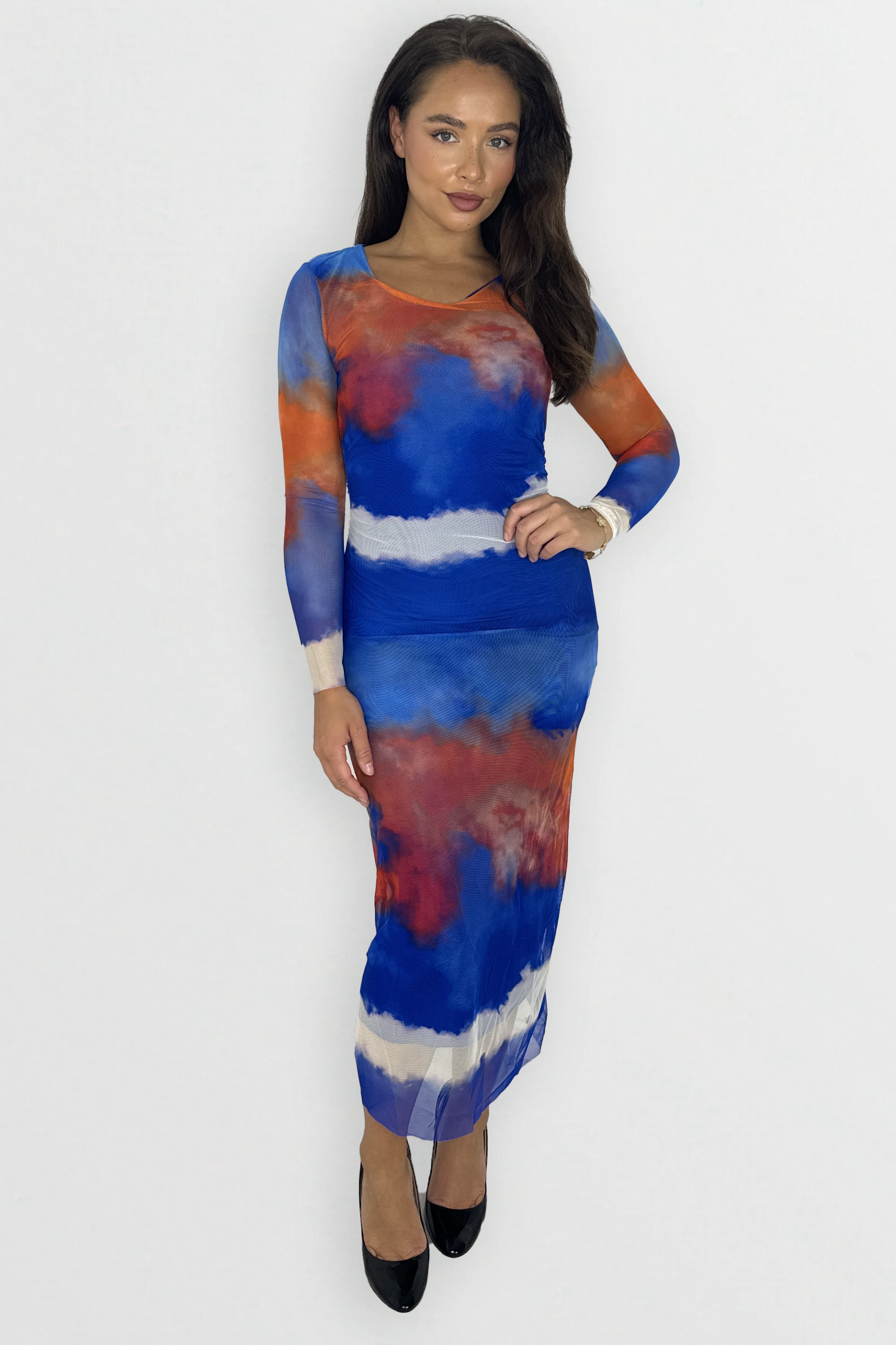 Wholesale Women's Multicolour Tie Dye Long Sleeve Ruched Long Mesh Dress (PACK OF 6)