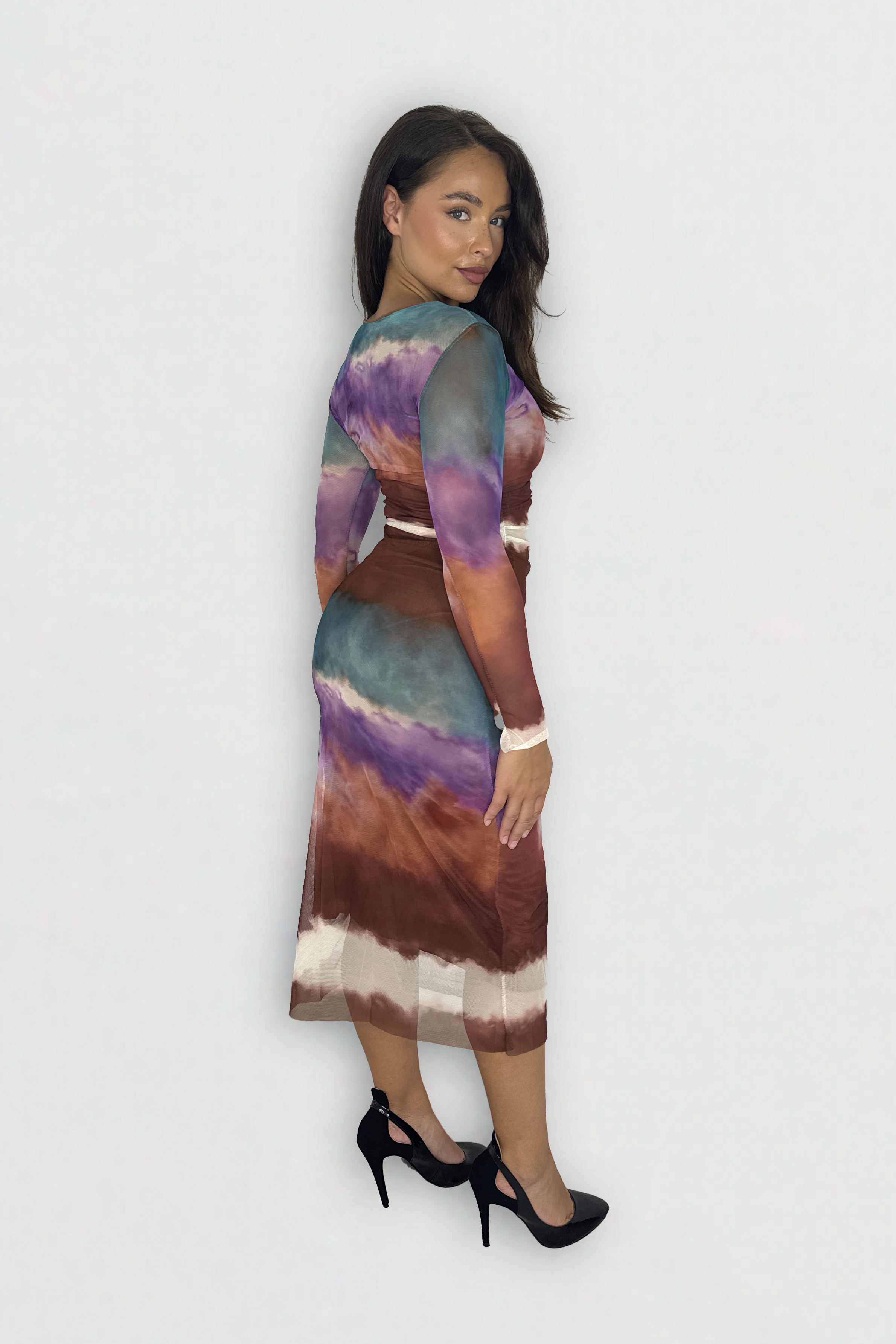 Wholesale Women's Multicolour Tie Dye Long Sleeve Ruched Long Mesh Dress (PACK OF 6)