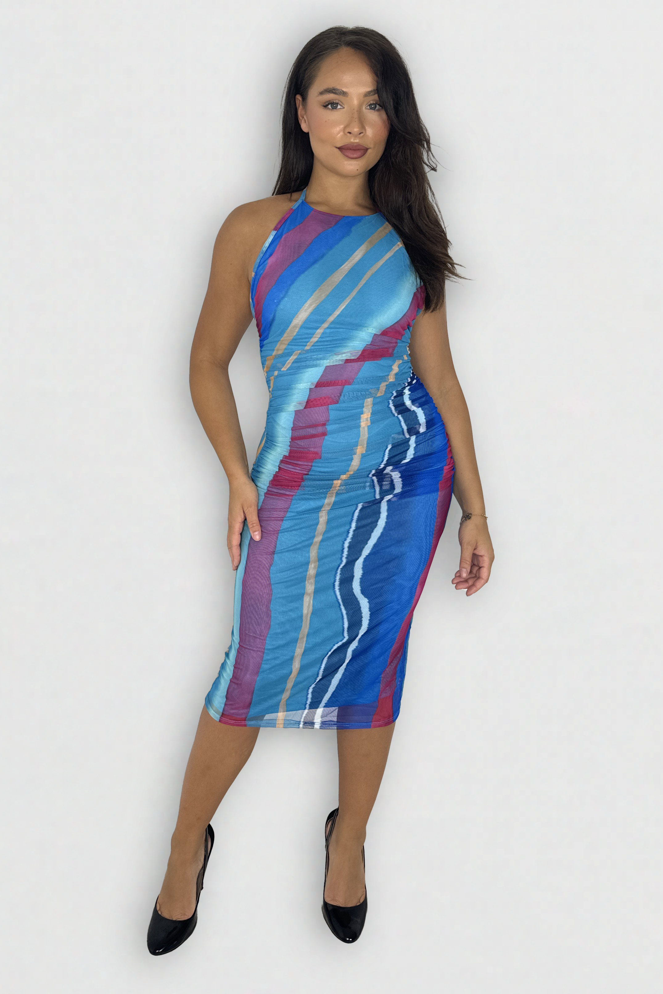 Wholesale Women's Halter Neck Multicolour Tie Dye Midi Bodycon Mesh Dress (PACK OF 6)