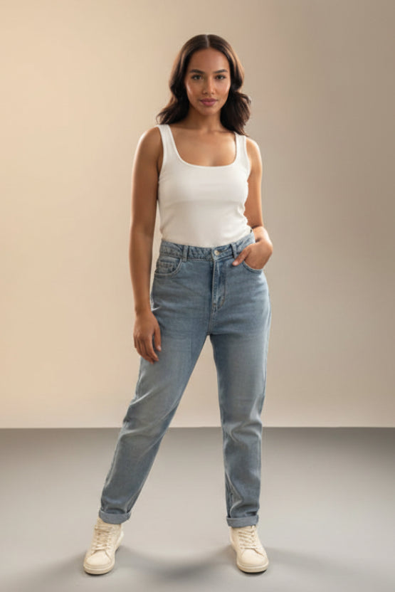 Bleached Sky Blue High Wasit Roll Up Jeans-SinglePrice