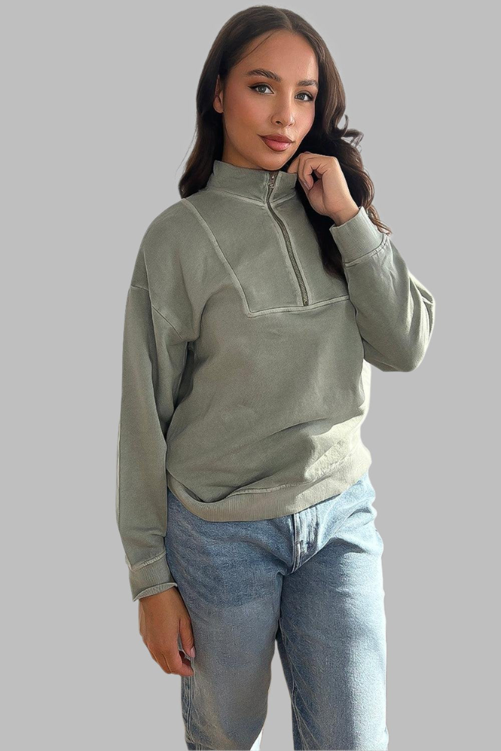 100% Cotton High Neck Zip Sweatshirt-SinglePrice