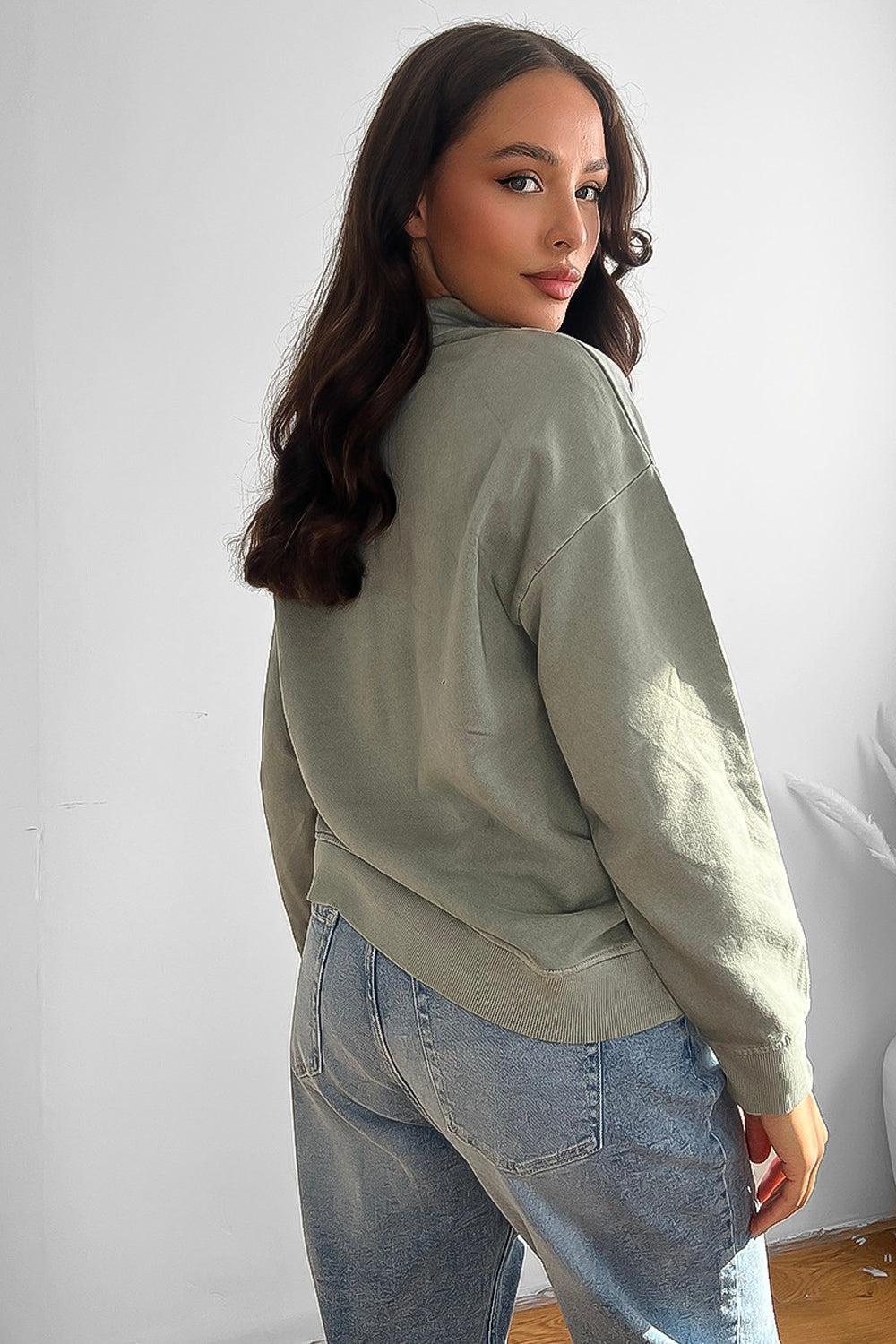 100% Cotton High Neck Zip Sweatshirt-SinglePrice