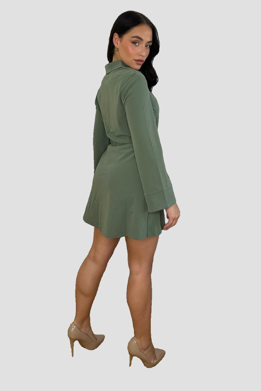 Khaki Drawstring Waist Shirt Dress-SinglePrice