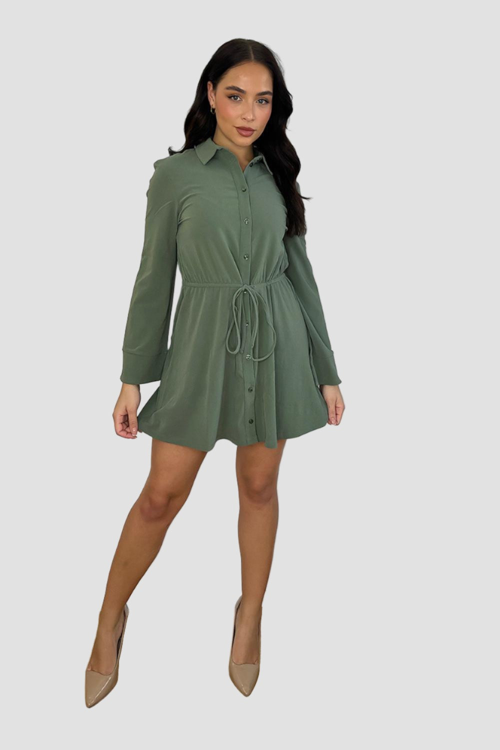 Khaki Drawstring Waist Shirt Dress-SinglePrice