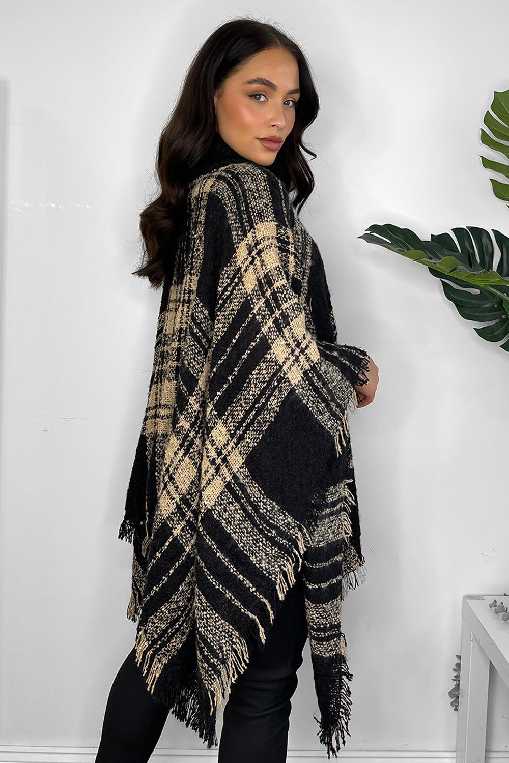 Knitted Large Collar Checked Knitted Poncho-SinglePrice