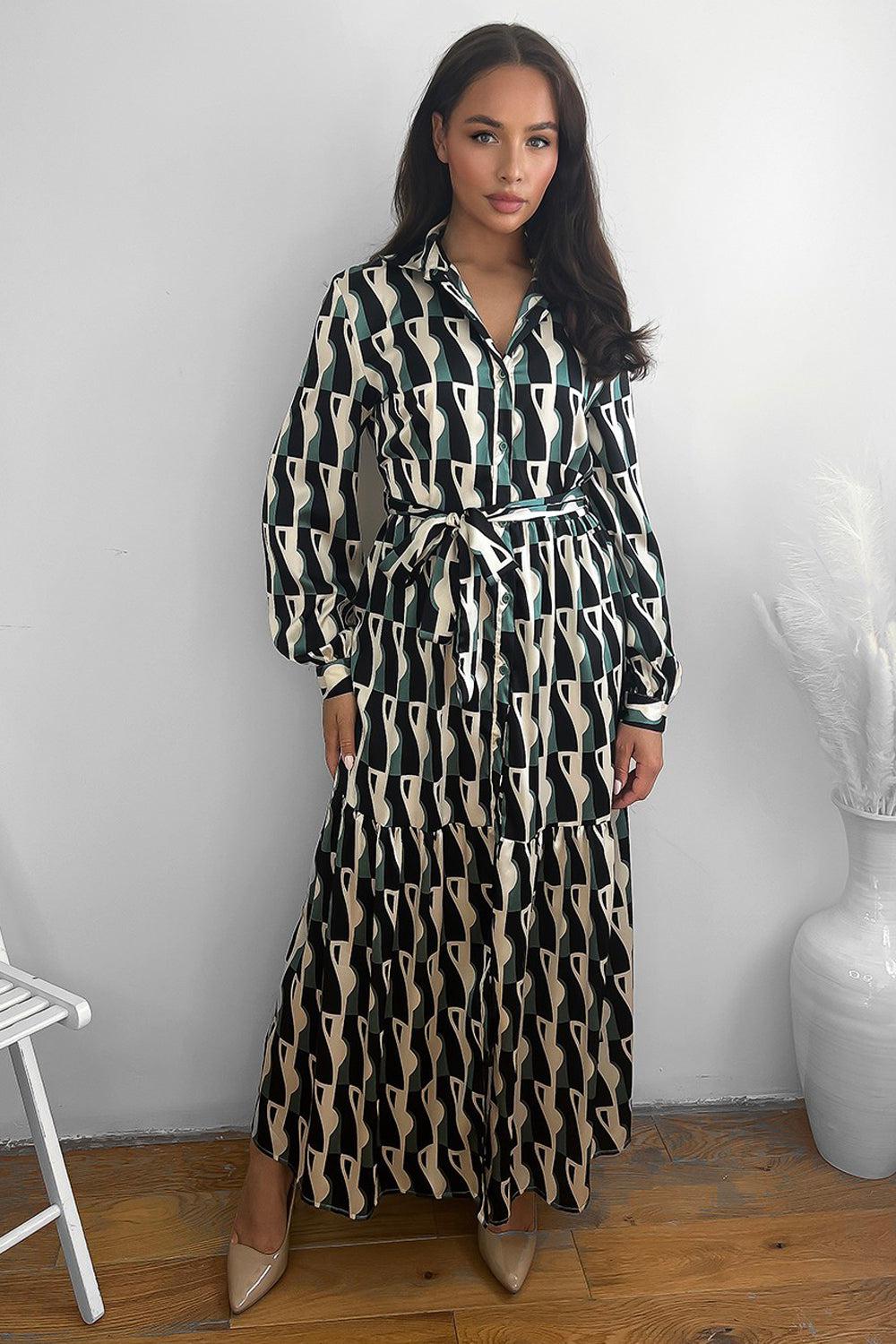 Geo Print Frilled Hem Maxi Shirt Dress-SinglePrice