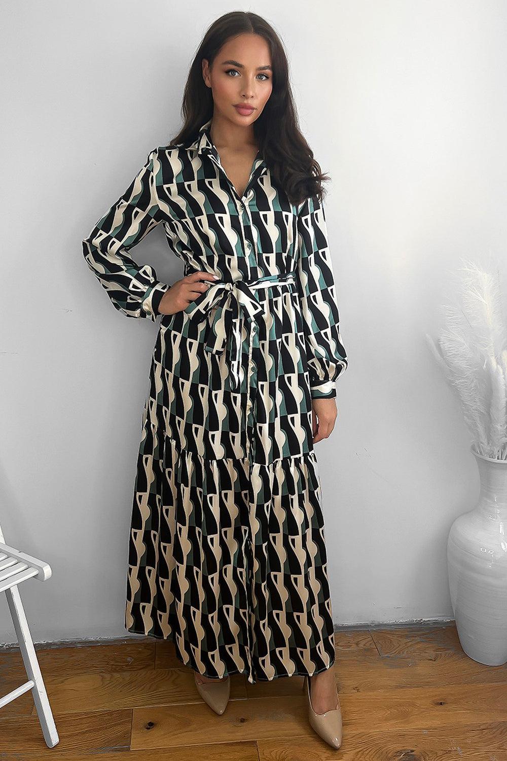 Geo Print Frilled Hem Maxi Shirt Dress-SinglePrice