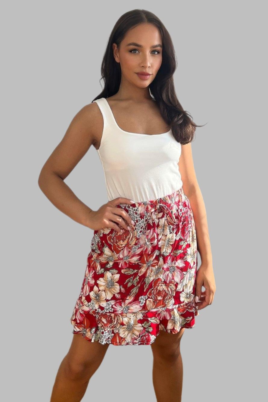 Summer Floral Print Cotton Blend Frill Short Skirt-SinglePrice