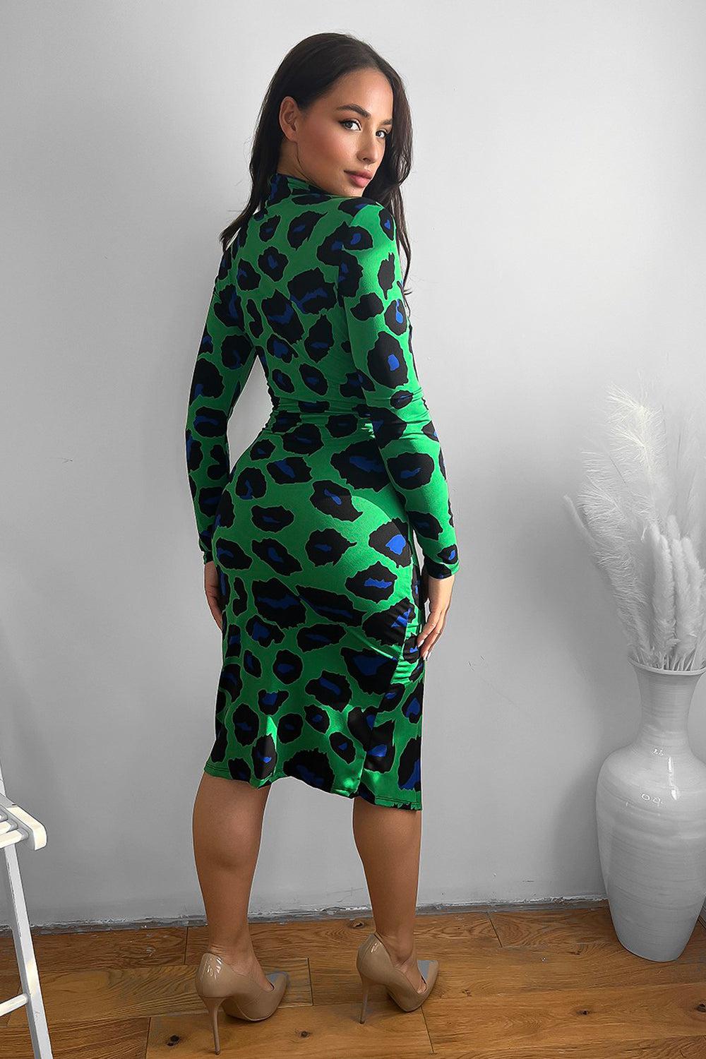 Neon Leopard Print High Neck Midi Dress-SinglePrice