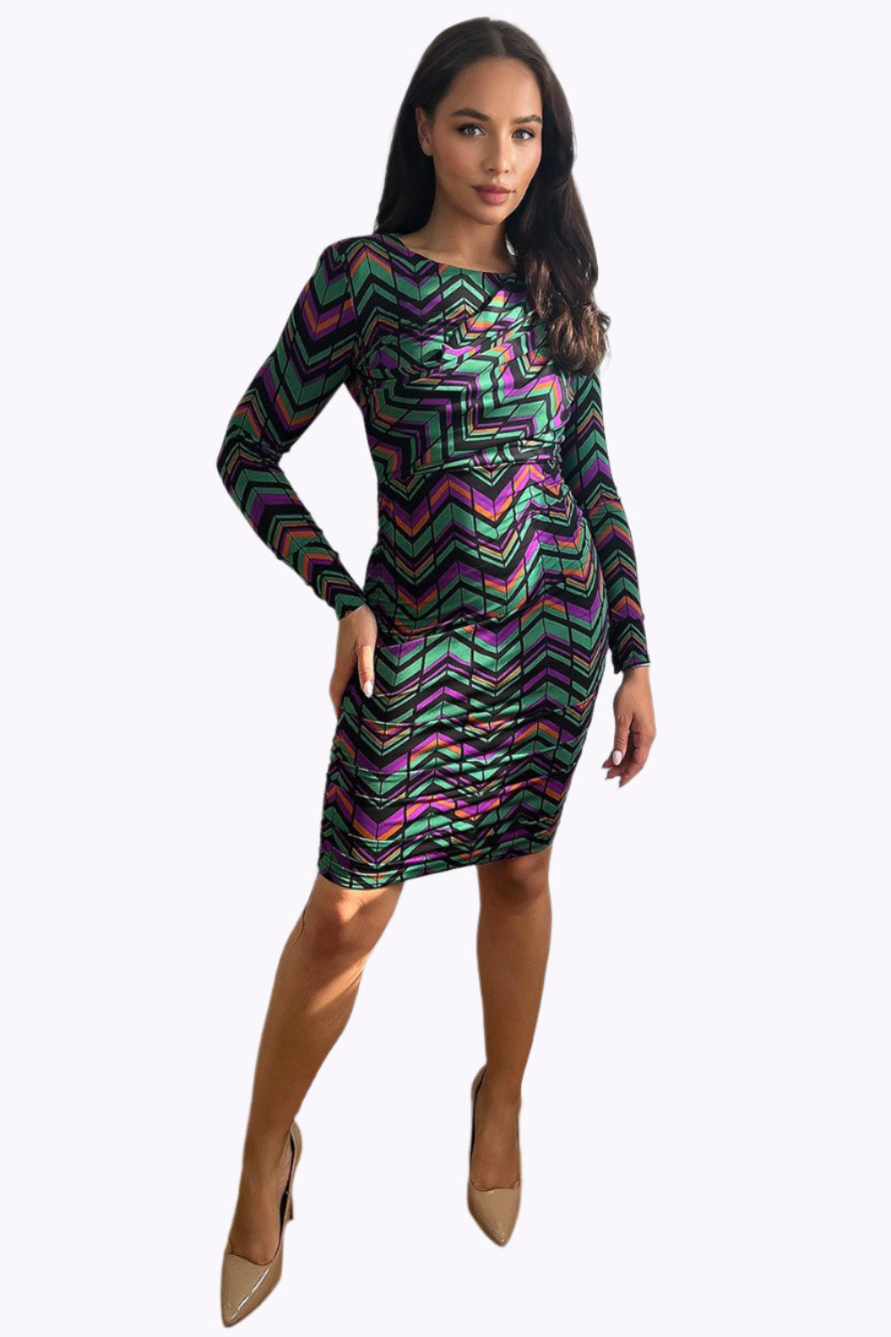 Ruched Skirt Side Drape Printed Slinky Dress-SinglePrice